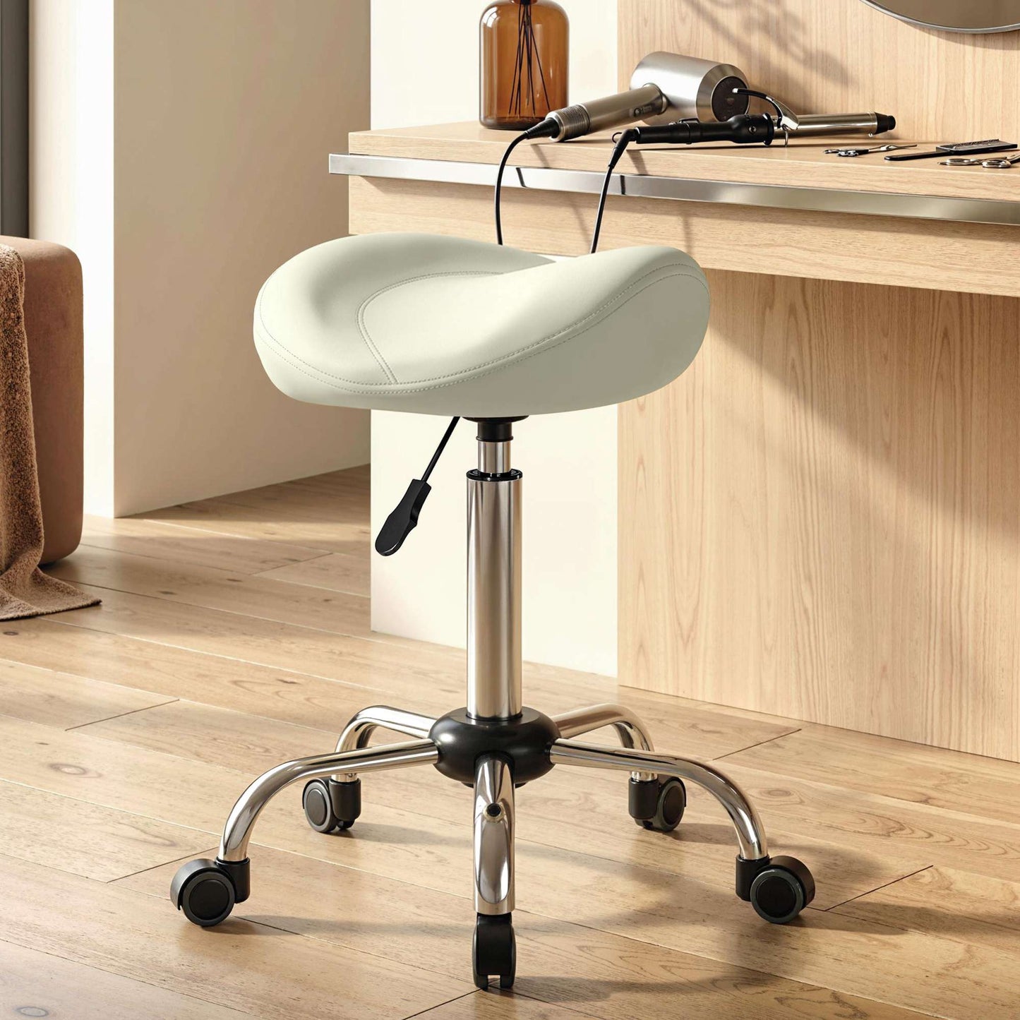 Adjustable Saddle Stool with PU Leather, Cream White