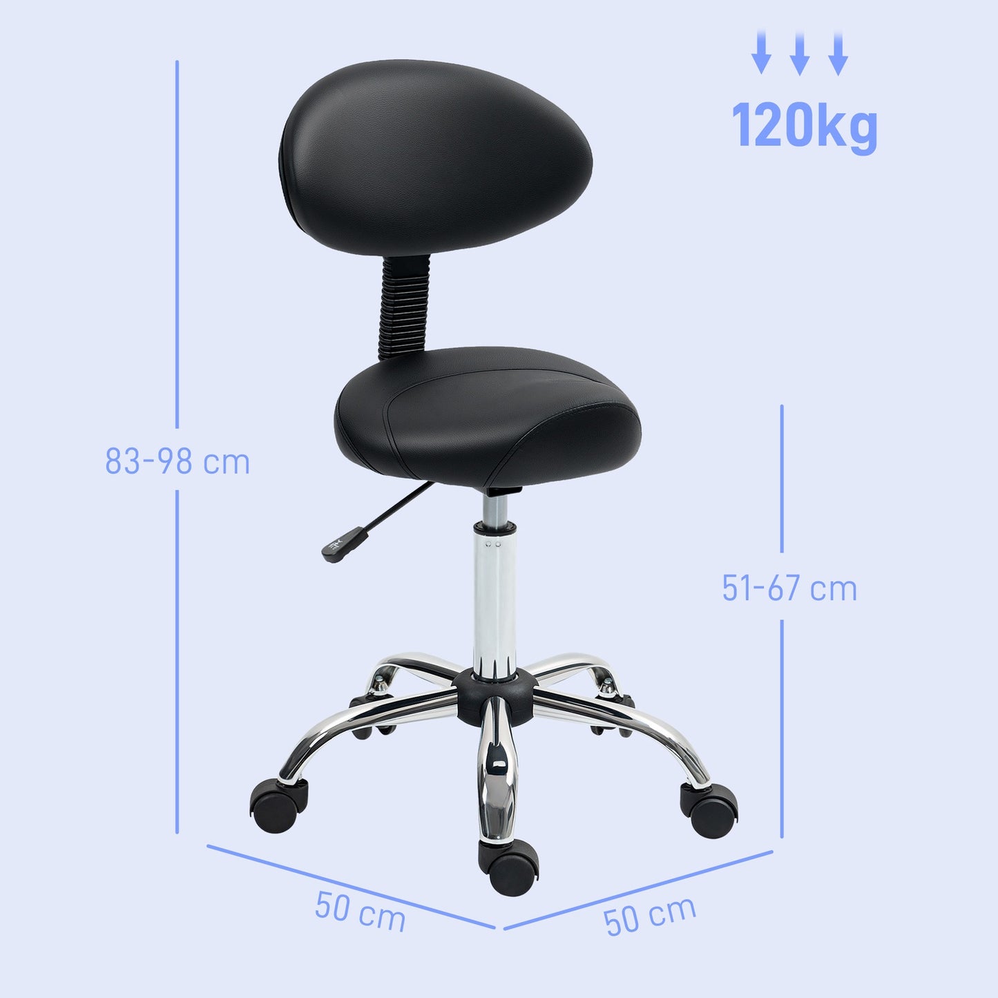 Adjustable Salon Stool with Wheels – Black, Faux Leather