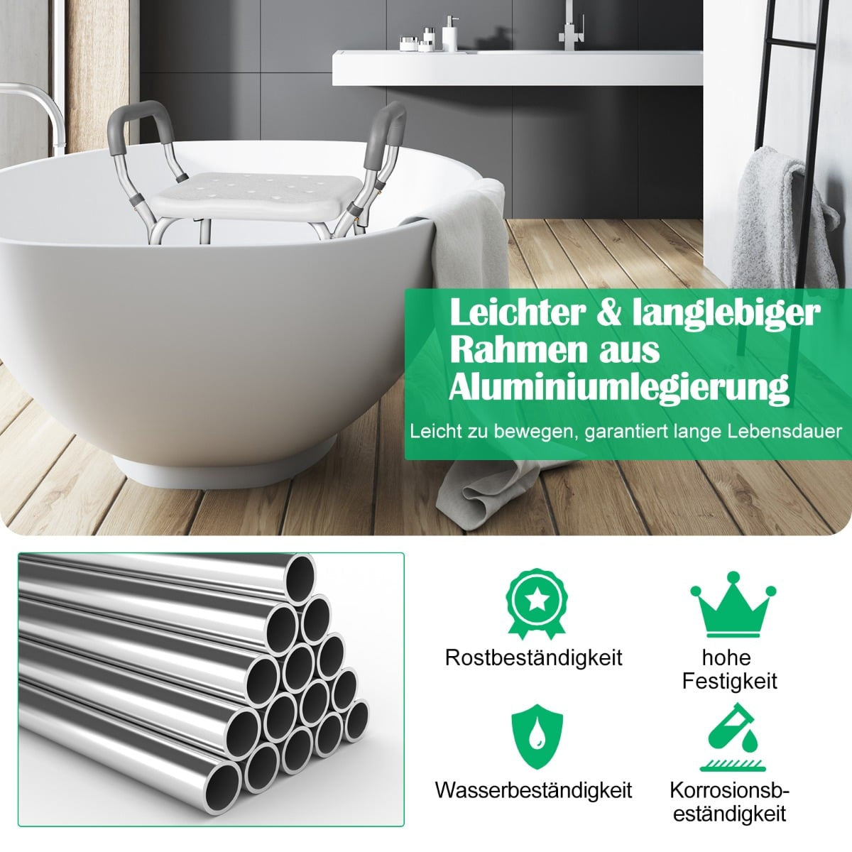 Adjustable Shower Chair with Armrests, Non-Slip Rubber Feet