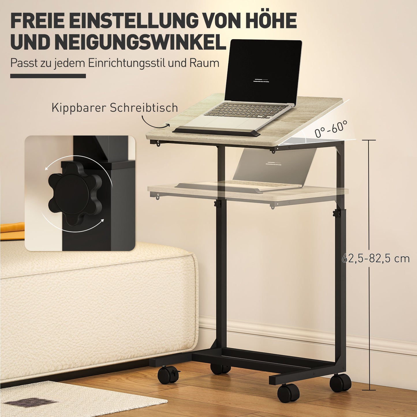 Adjustable Side Table with Wheels, Metal Frame, Tiltable