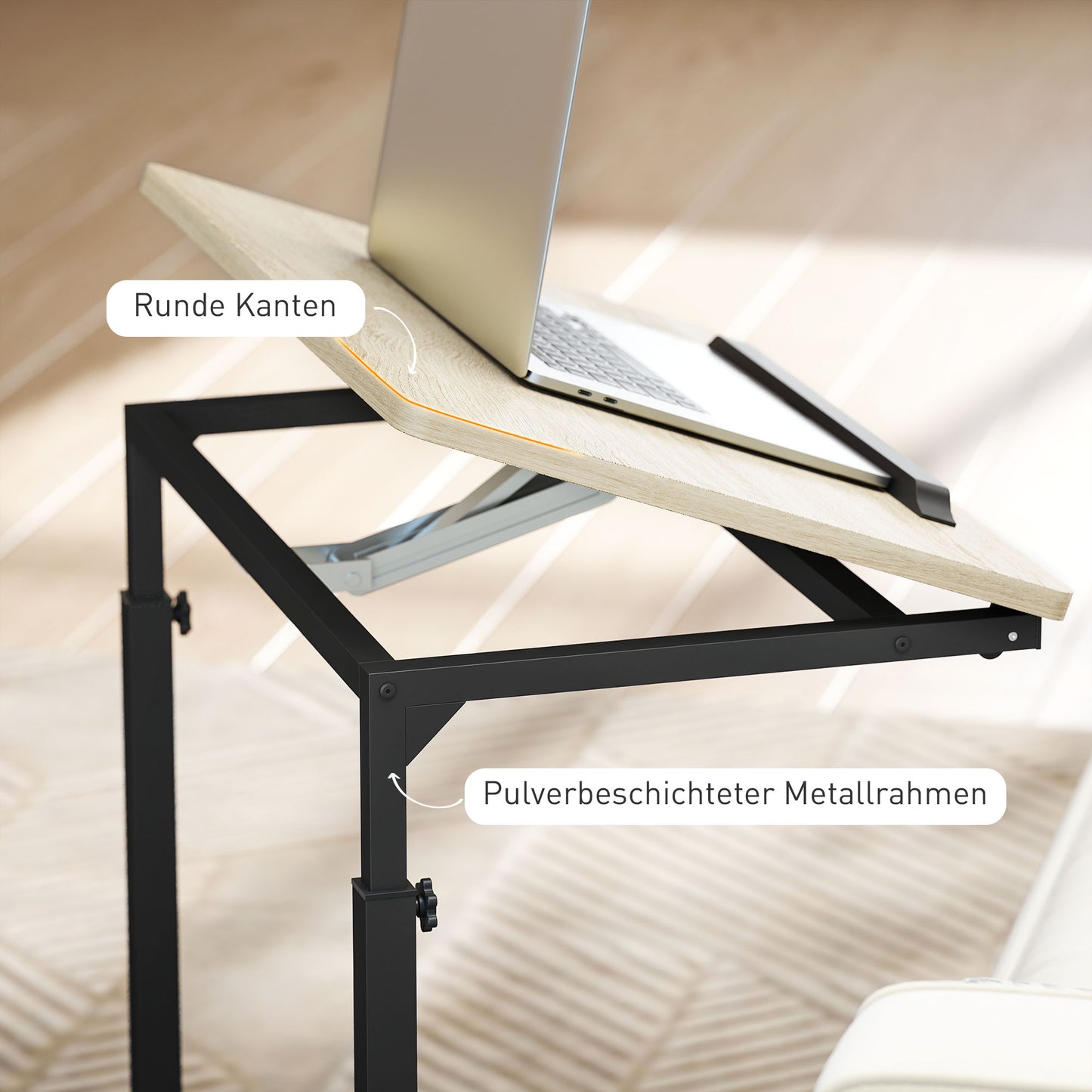 Adjustable Side Table with Wheels, Metal Frame, Tiltable