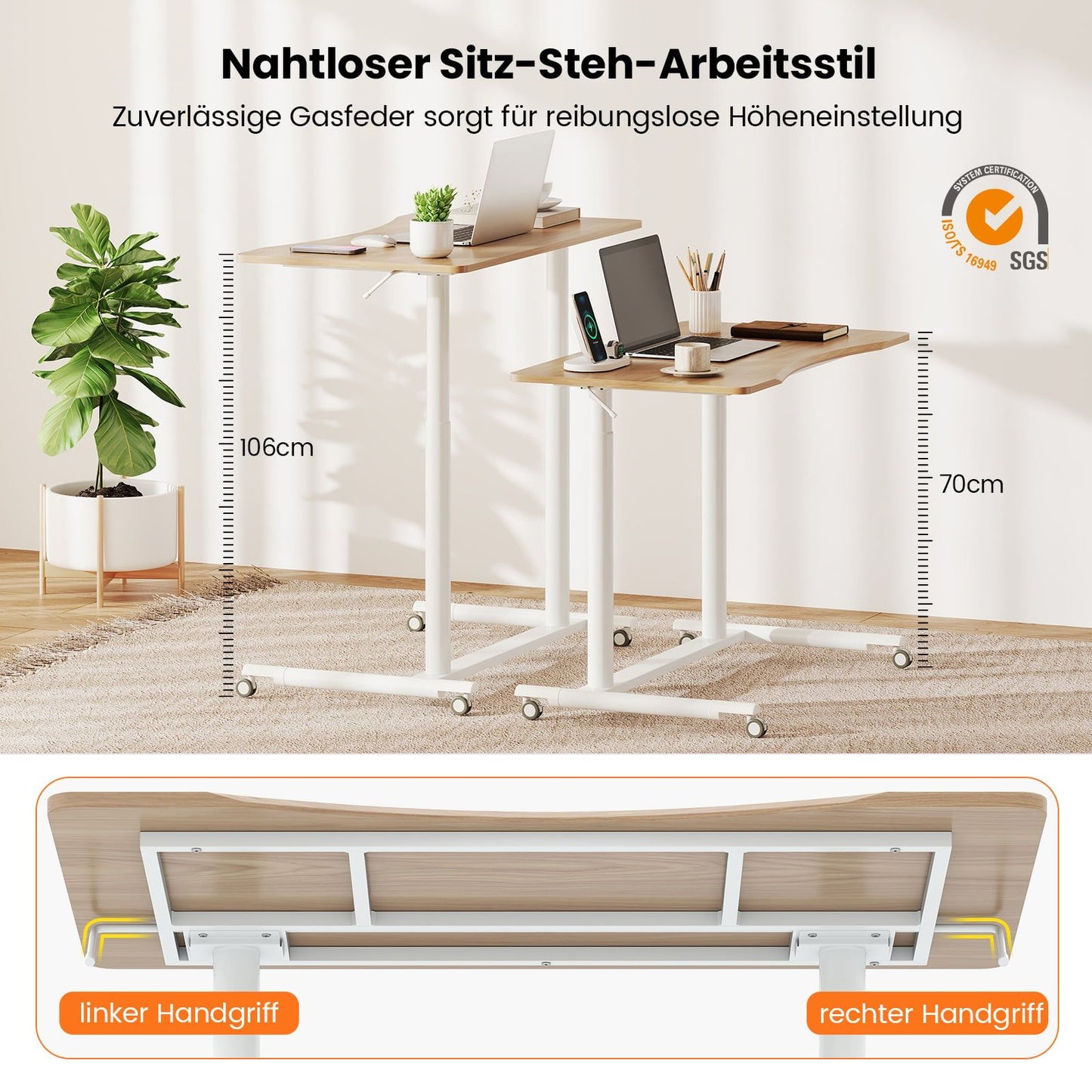 Adjustable Sit-Stand Desk, C-Shape, 70-106 cm, Mobile