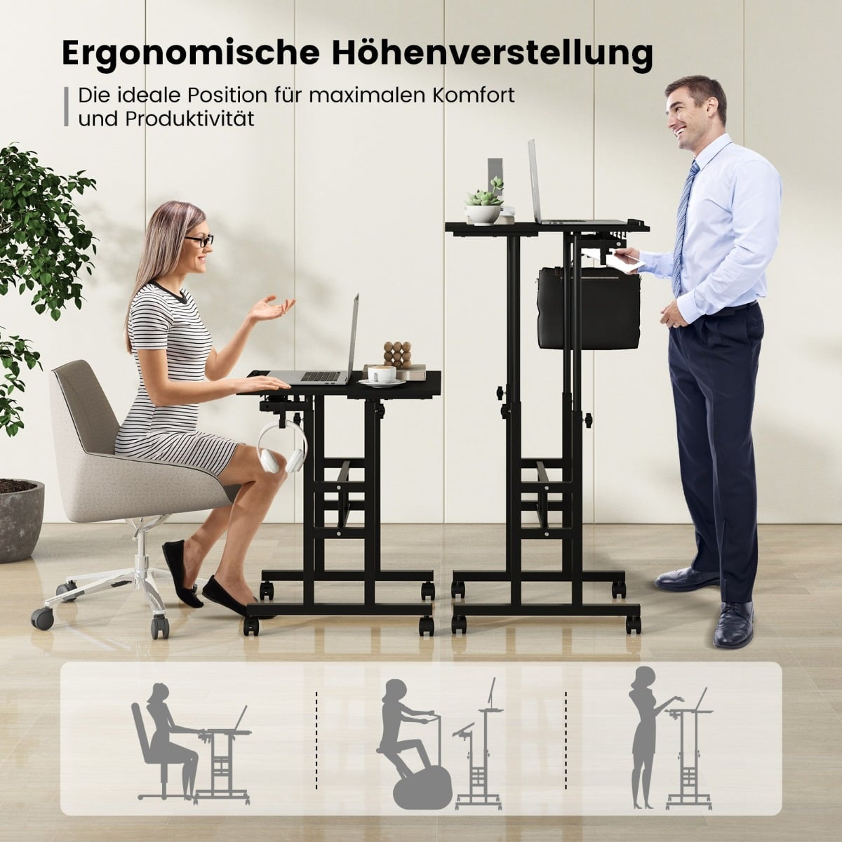 Adjustable Sit-Stand Desk with Wheels, Black, MDF & Steel