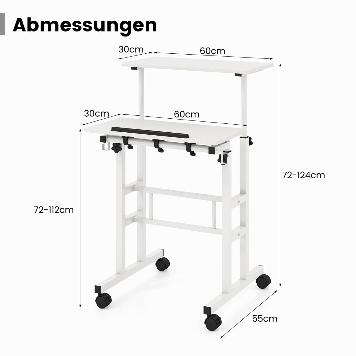 Adjustable Sit-Stand Desk with Wheels, White MDF & Steel