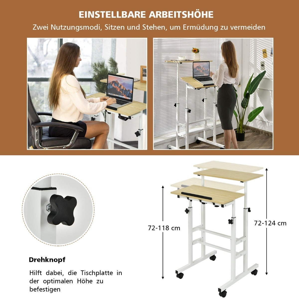 Adjustable Standing Desk with Wheels, White/Natural
