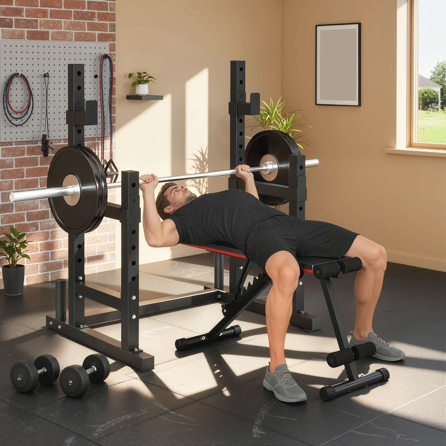 Adjustable Steel Squat Rack with Dual Barbell Stands