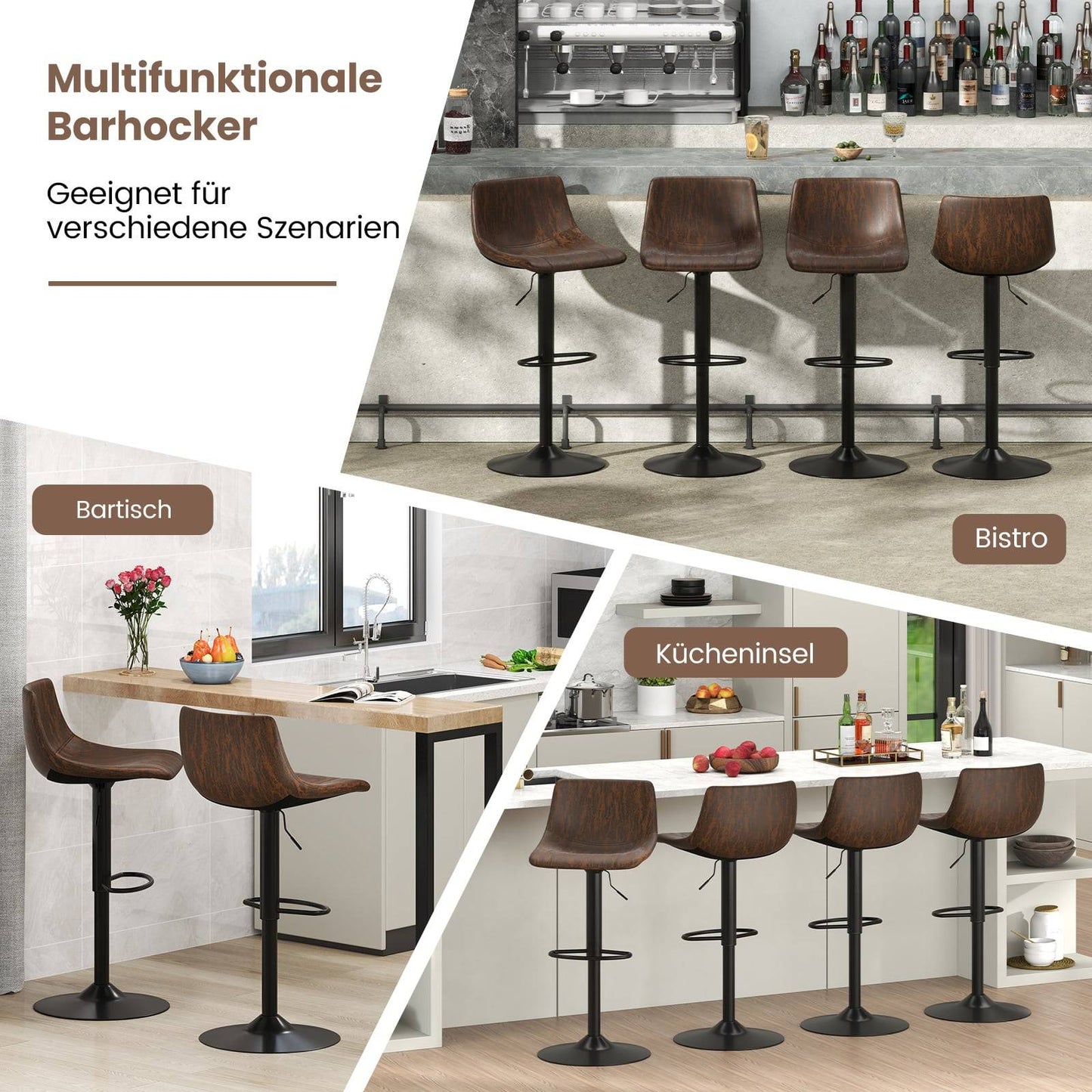 Adjustable Swivel Bar Stools Set, Brown, 60-82 cm