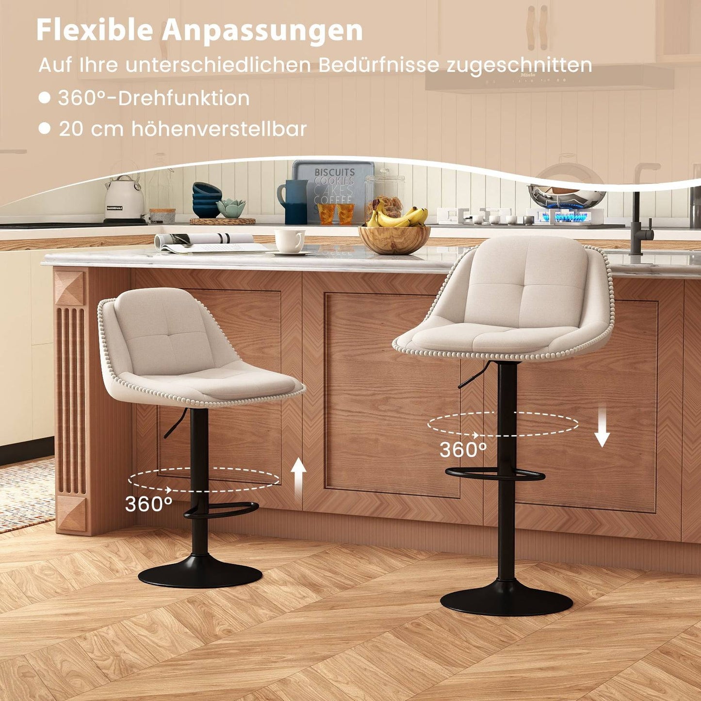 Adjustable Swivel Bar Stools, Set of 2, Beige