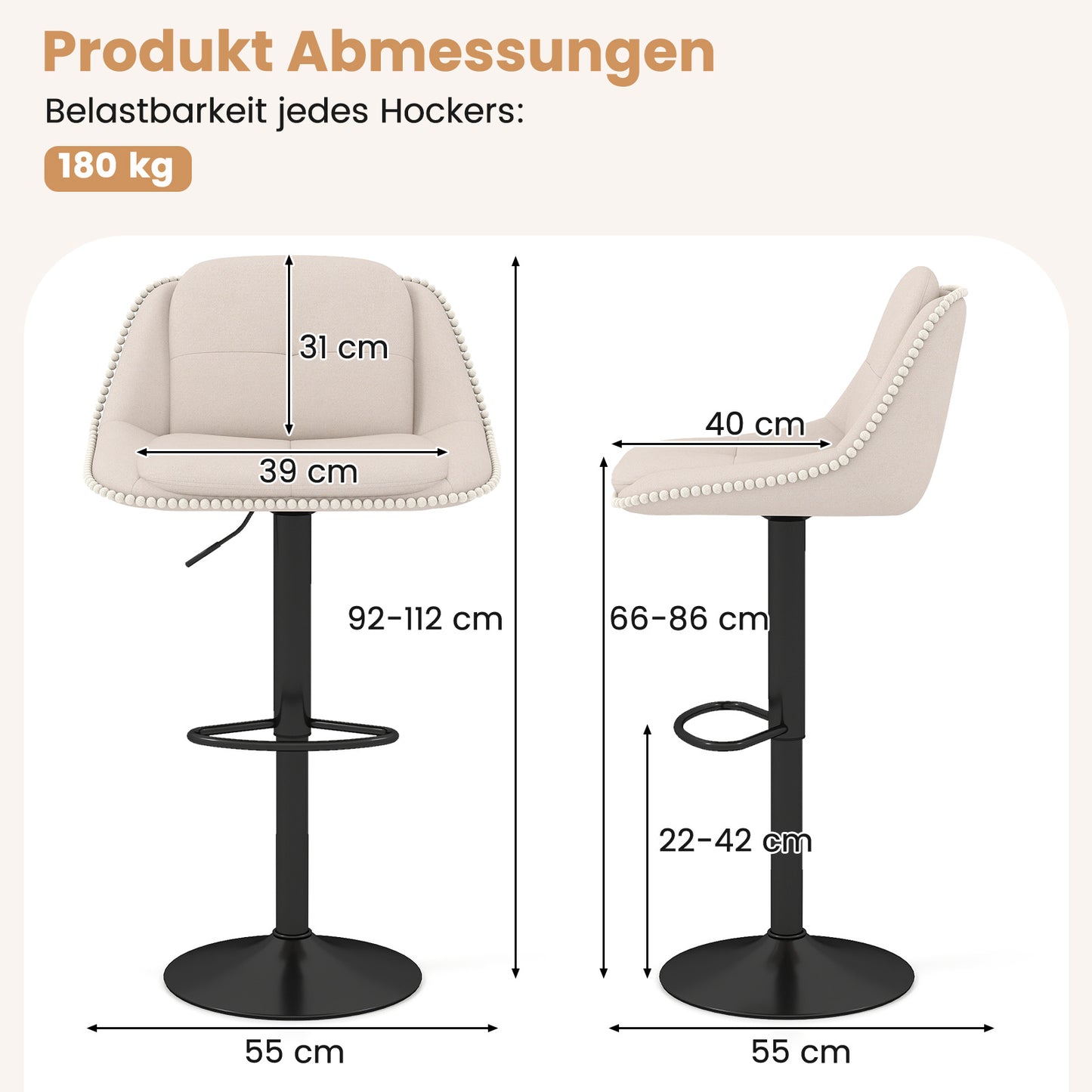 Adjustable Swivel Bar Stools, Set of 2, Beige