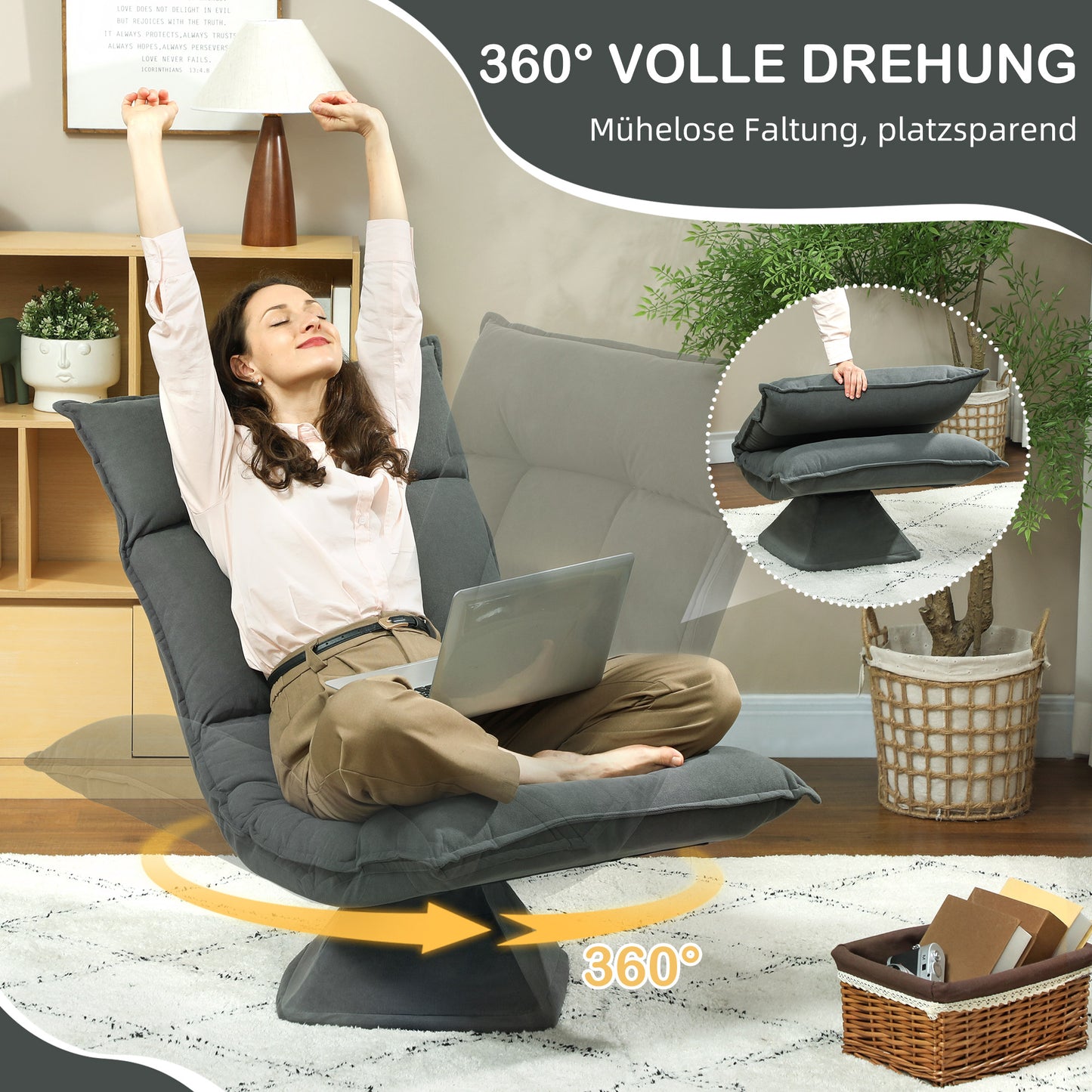 Adjustable Swivel Floor Chair, Dark Grey, 360° Rotation