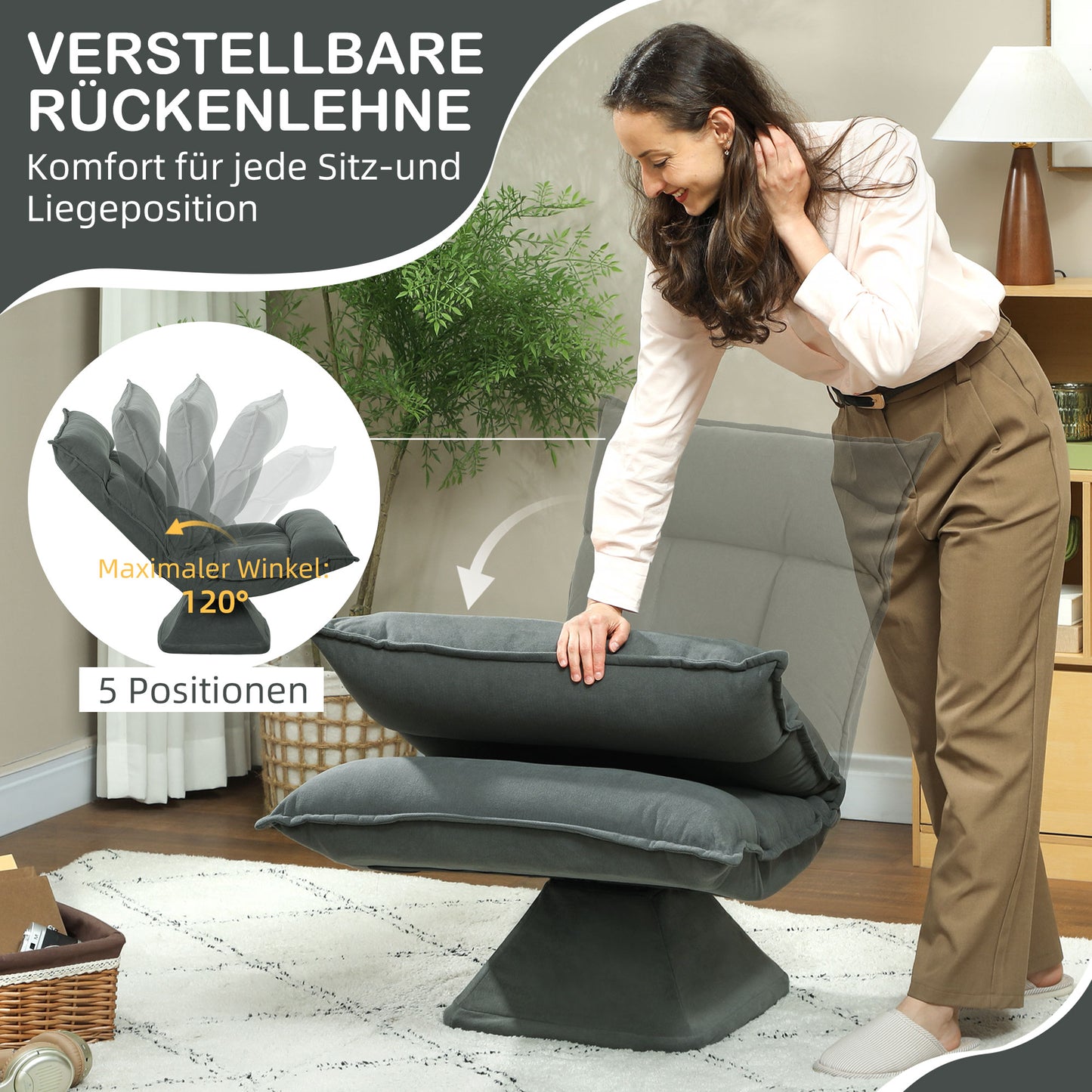Adjustable Swivel Floor Chair, Dark Grey, 360° Rotation