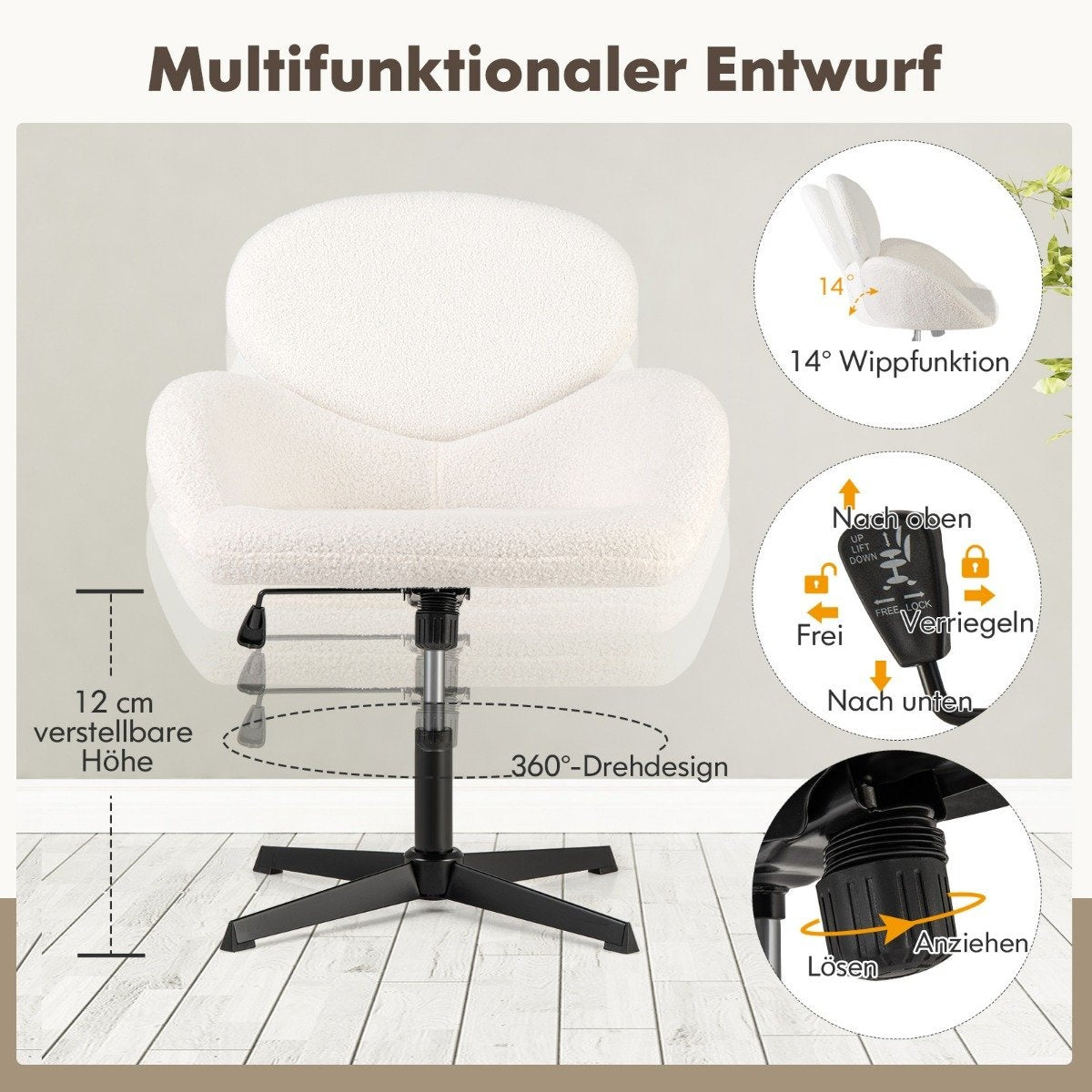 Adjustable Swivel Office Chair with Rocking Function, White