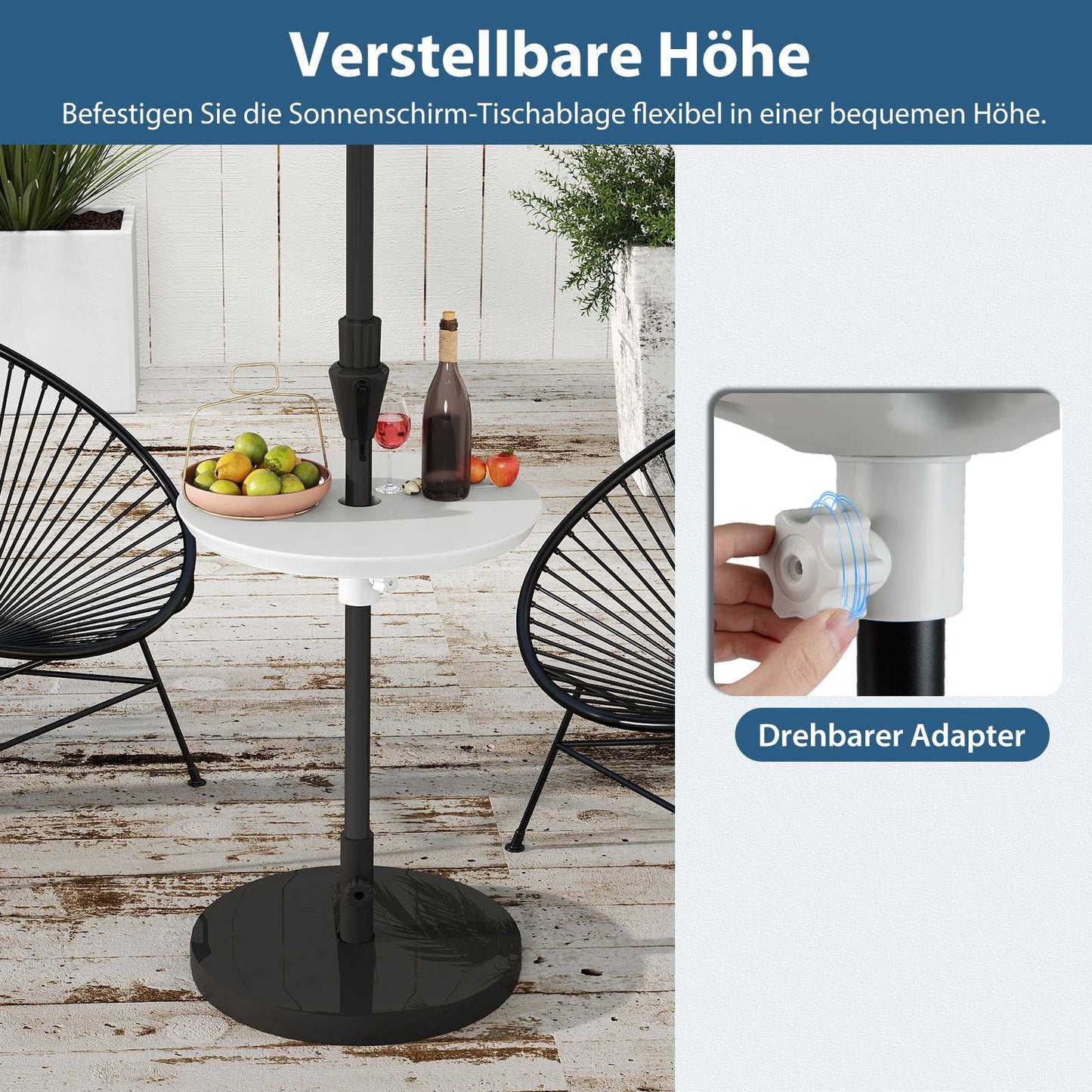 Adjustable Umbrella Table with 38-48mm Hole, White