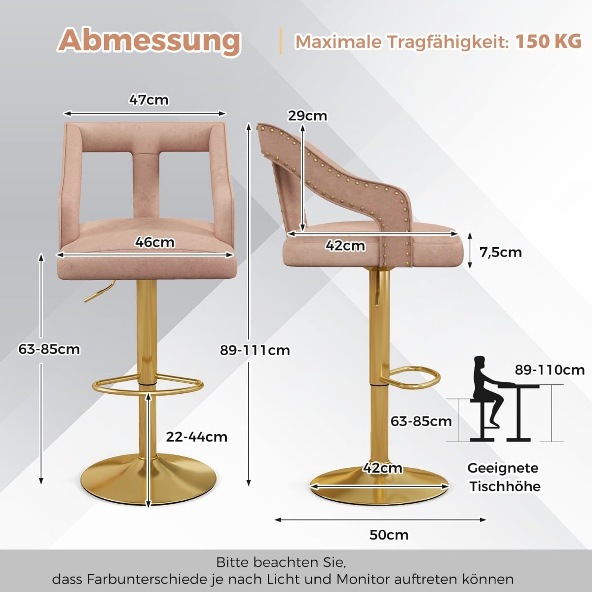 Adjustable Velvet Bar Stools, Pink, Set of 2, 63-85cm