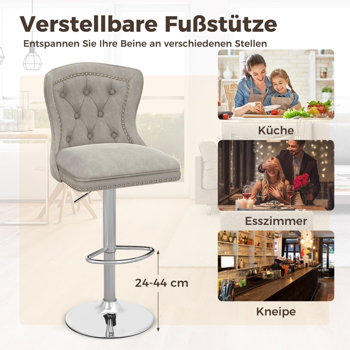 Adjustable Velvet Bar Stools, Set of 2, Grey, 67-87cm
