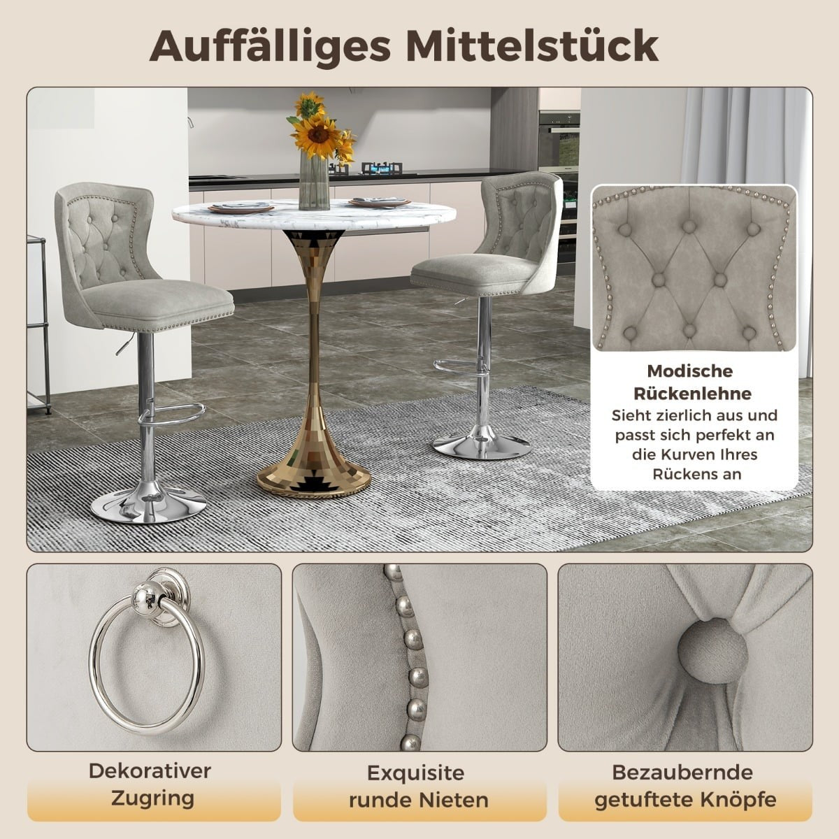 Adjustable Velvet Bar Stools, Set of 2, Grey, 67-87cm
