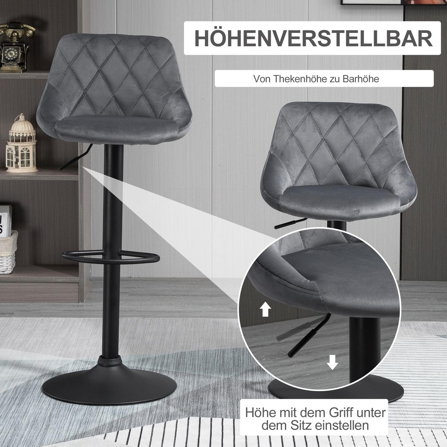 Adjustable Velvet Bar Stools Set of 2 with Footrest