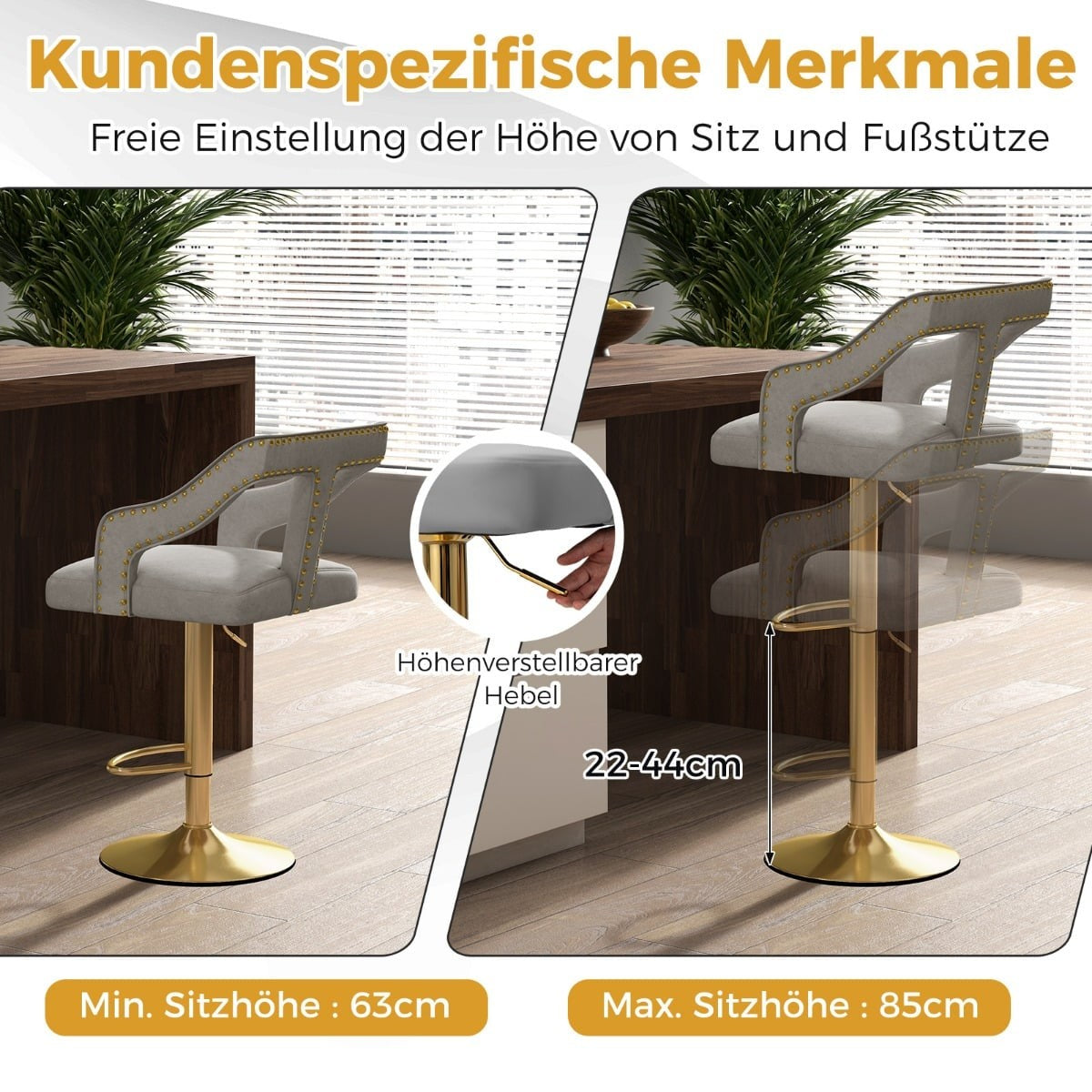 Adjustable Velvet Bar Stools, Swivel, Set of 2, Gray