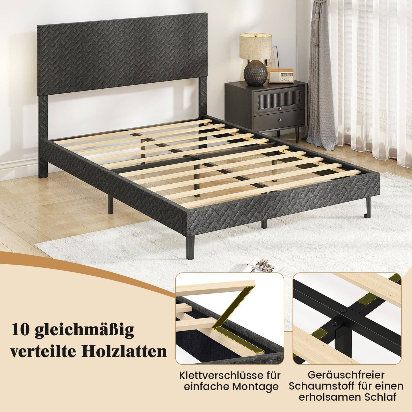 Adjustable Velvet Bed Frame with Chevron Headboard, Grey