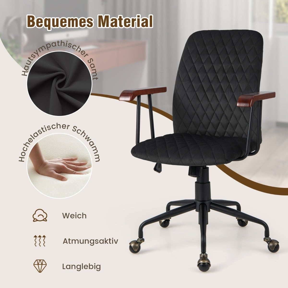 Adjustable Velvet Office Chair, Ergonomic, 150kg Capacity