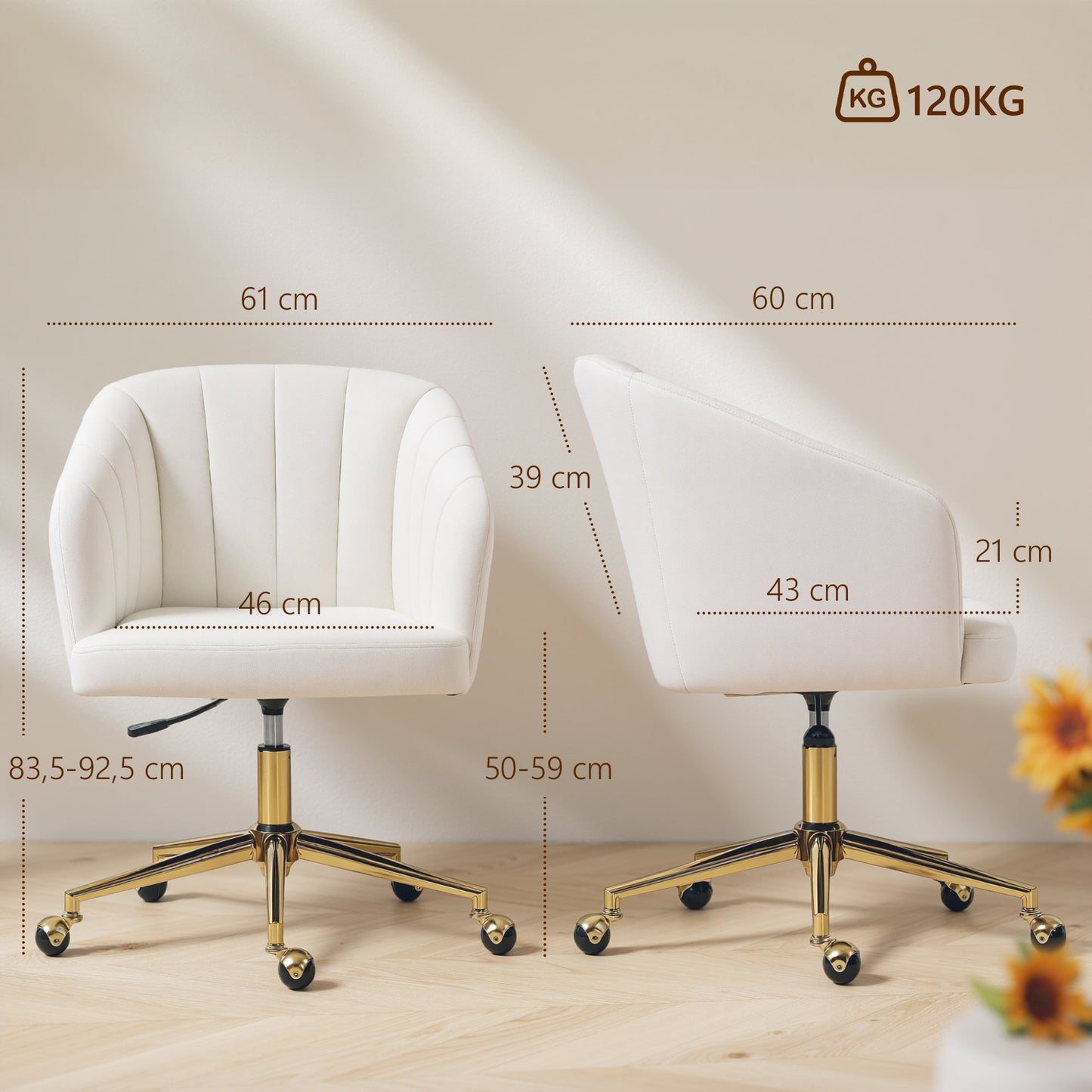Adjustable Velvet Office Chair, Foam Padding, Cream White