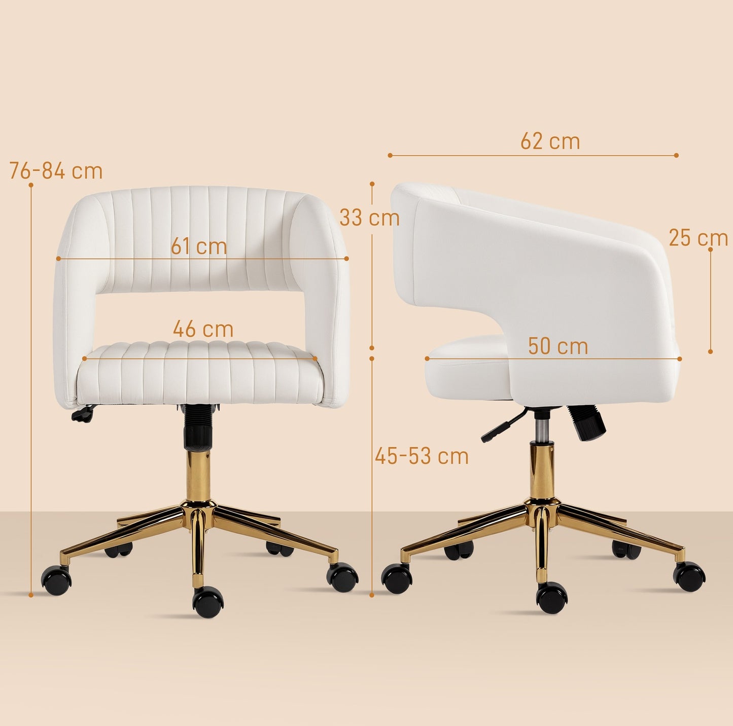 Adjustable Velvet Office Chair, Rolling, Reclining, Cream