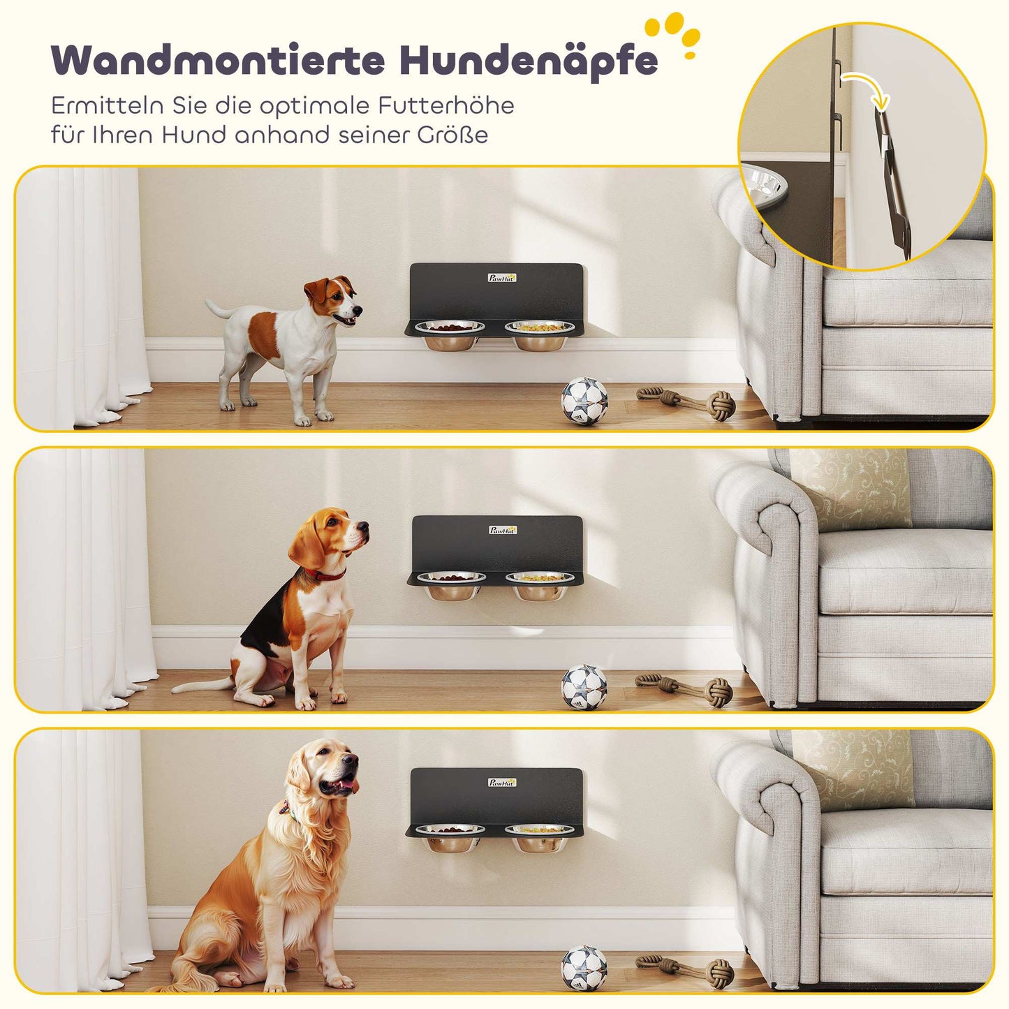 Adjustable Wall-Mounted Dog Bowls with 2 Stainless Steel Bowls
