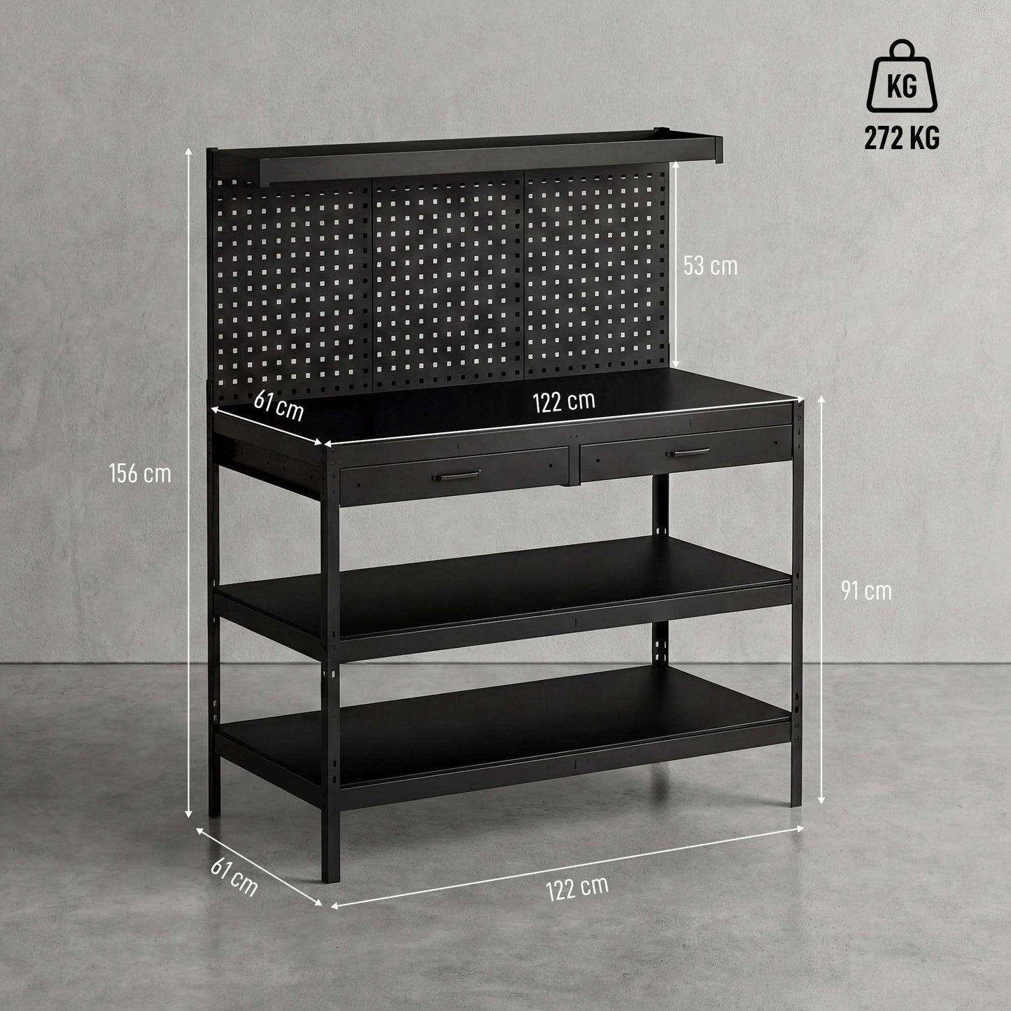 Adjustable Workbench with Pegboard & Shelves, Black, 122x61x156 cm