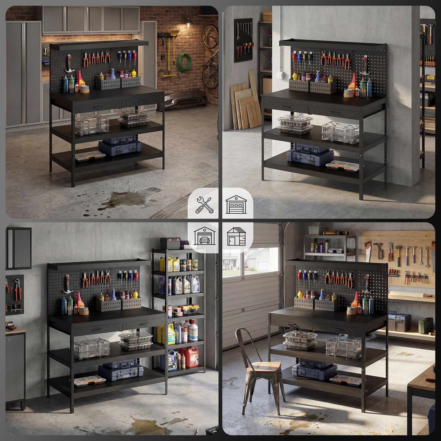 Adjustable Workbench with Pegboard & Shelves, Black, 122x61x156 cm