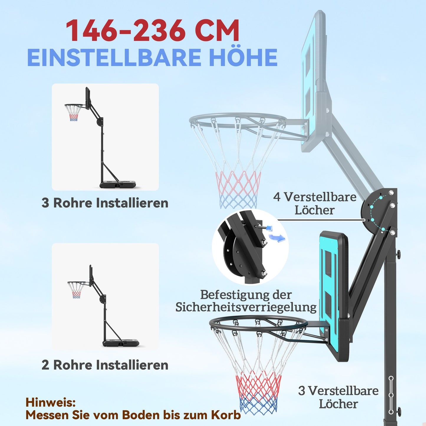Adjustable basketball hoop with stand, 146-236 cm, portable
