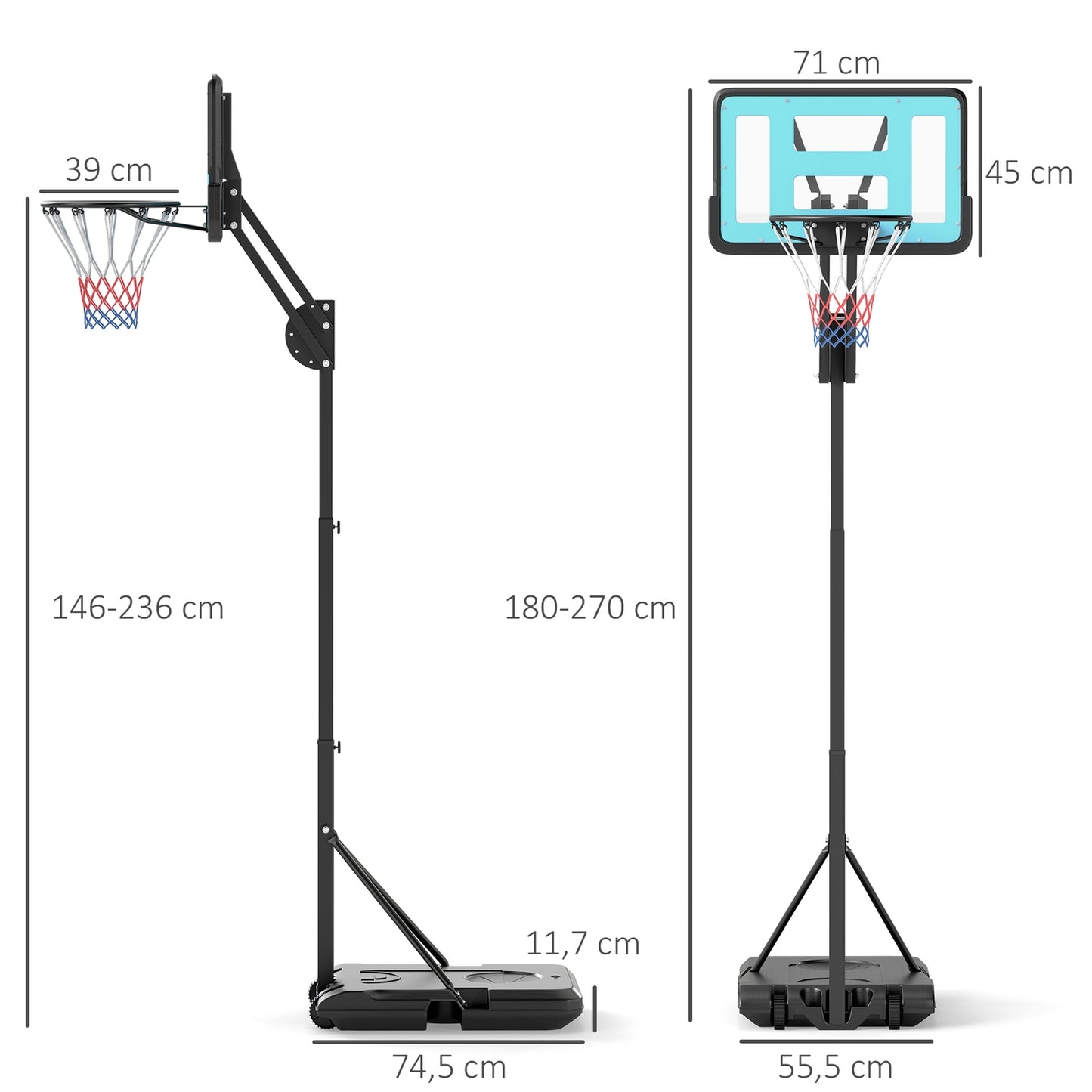 Adjustable basketball hoop with stand, 146-236 cm, portable