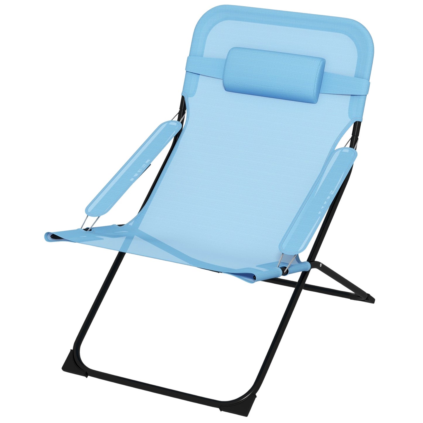 Adjustable blue camping chair, cushion, supports 120 kg