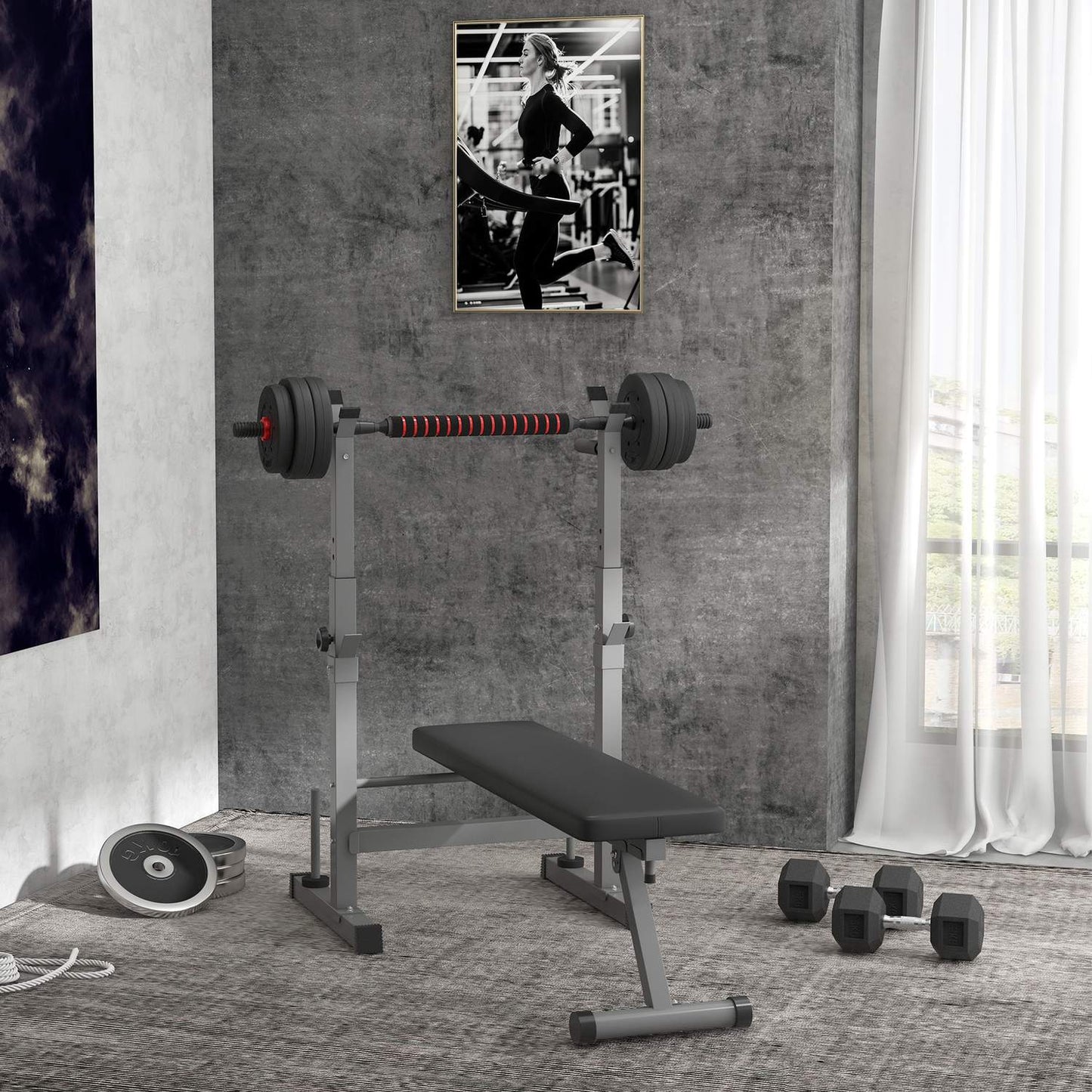 Adjustable steel weight bench with dumbbell rack - black/grey