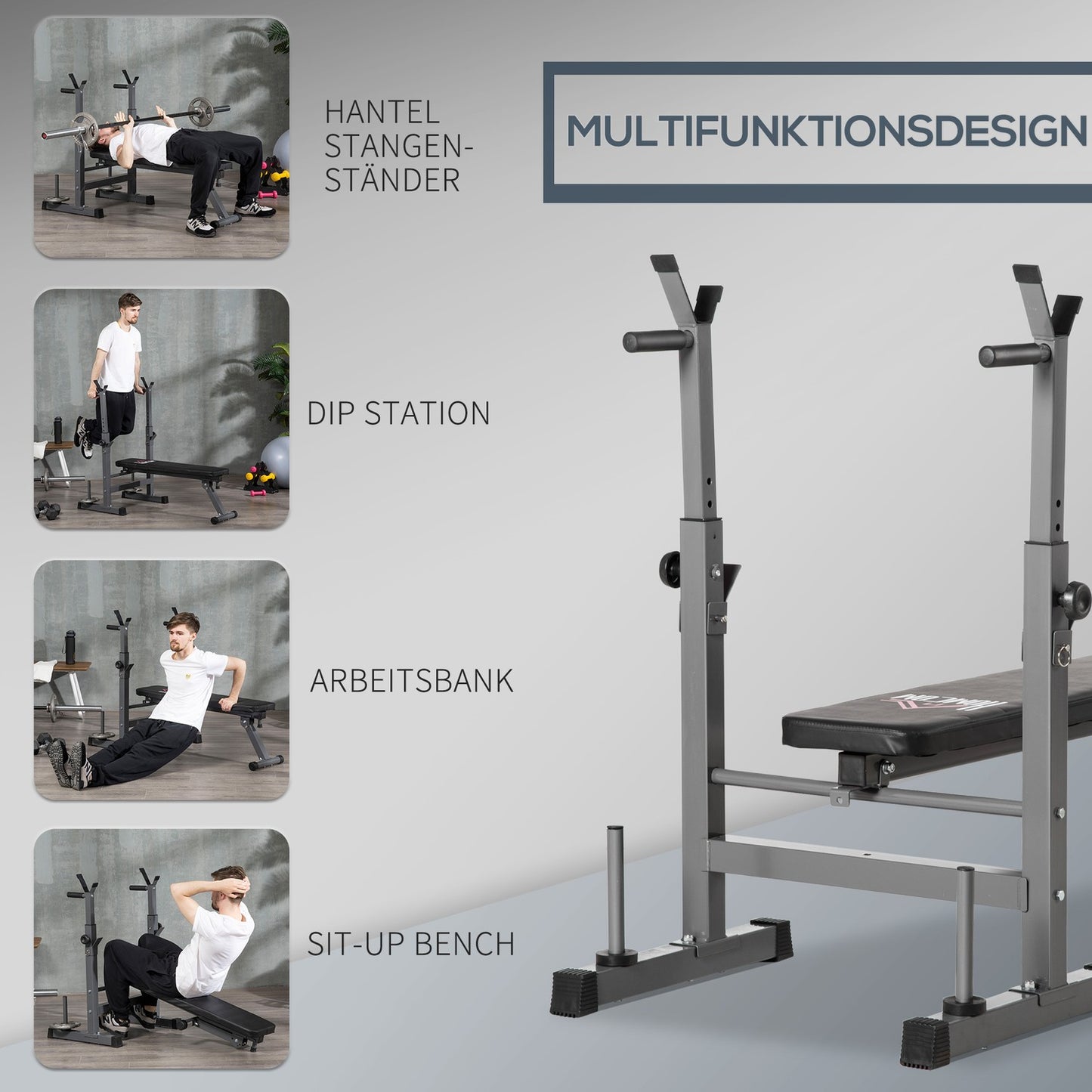 Adjustable steel weight bench with dumbbell rack - black/grey