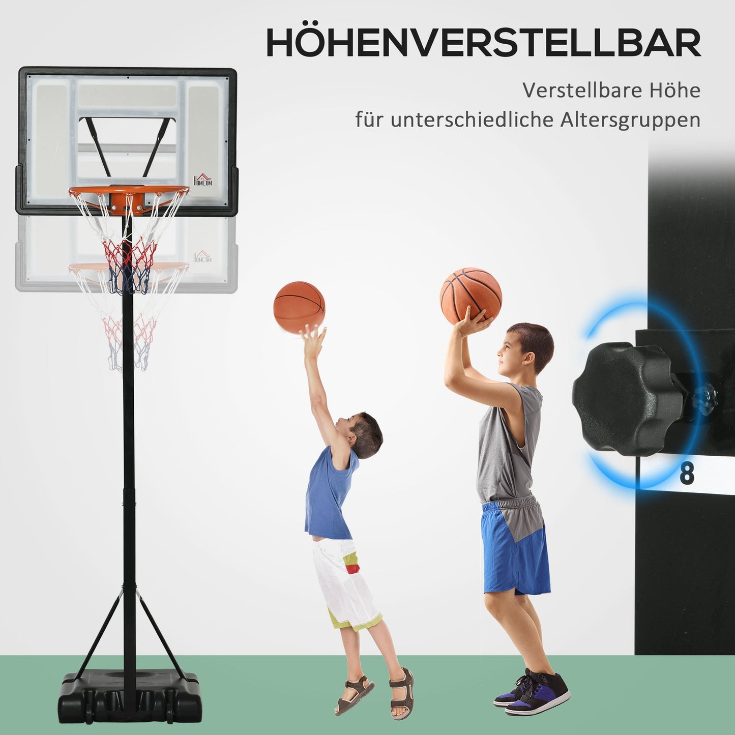 Adjustable stand for basketball hoop, rollable, height 260-310 cm