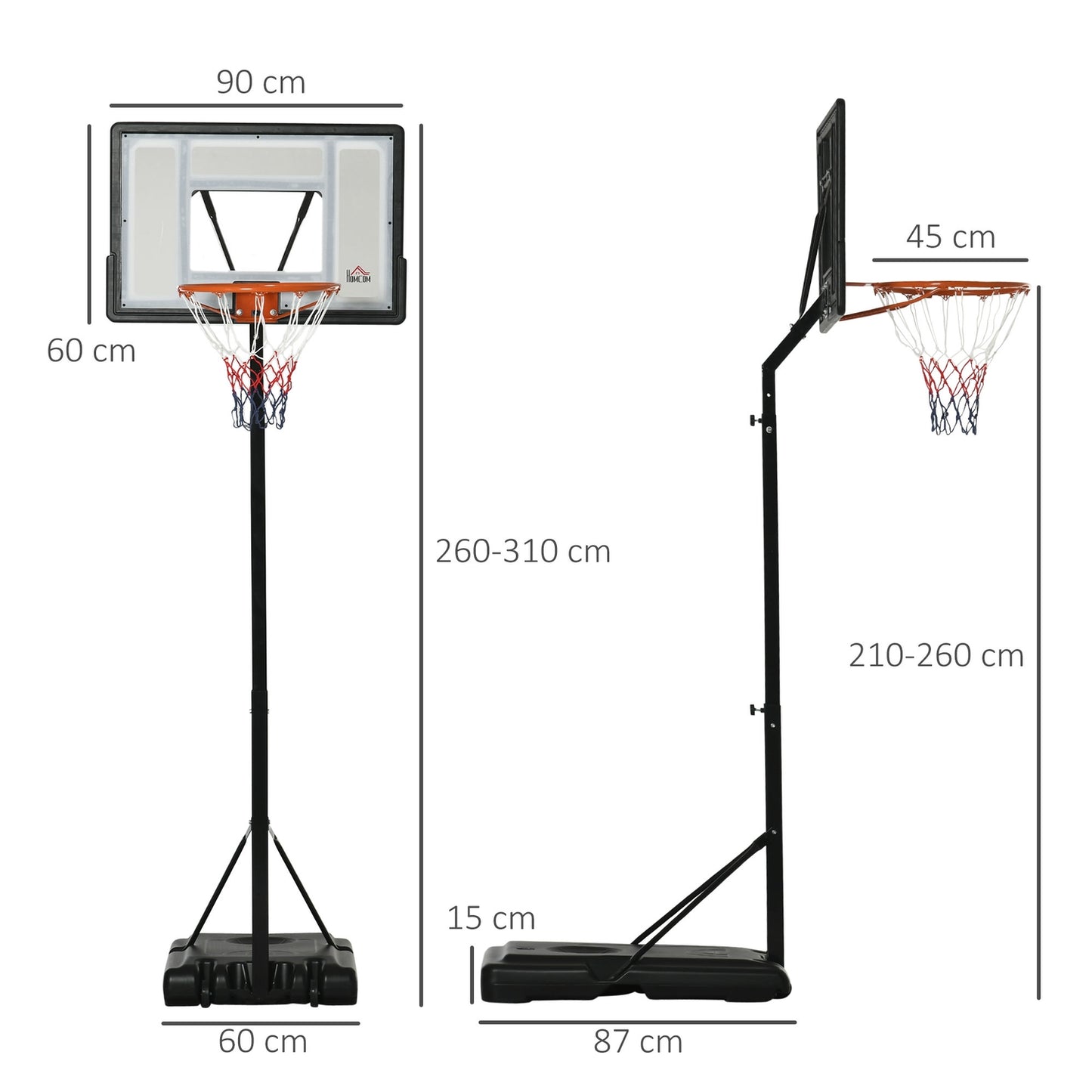 Adjustable stand for basketball hoop, rollable, height 260-310 cm