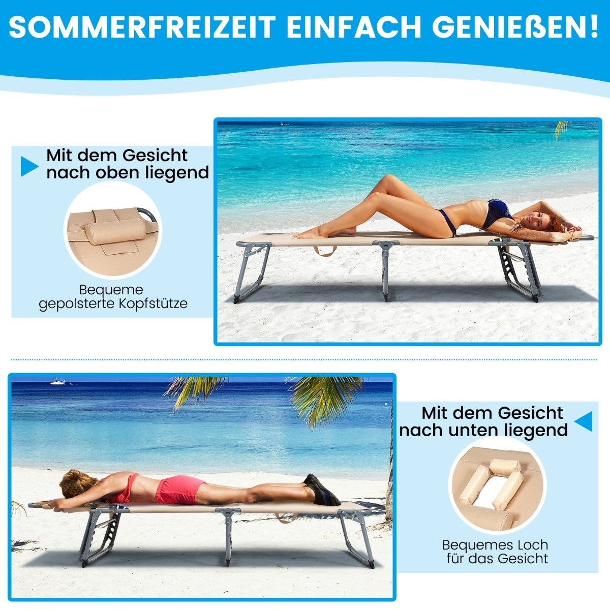Adjustable sun lounger folding beach lounger with cushion 194 x 61 x 35.5 - 86.5 cm beige