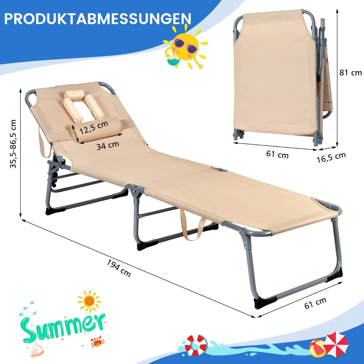 Adjustable sun lounger folding beach lounger with cushion 194 x 61 x 35.5 - 86.5 cm beige