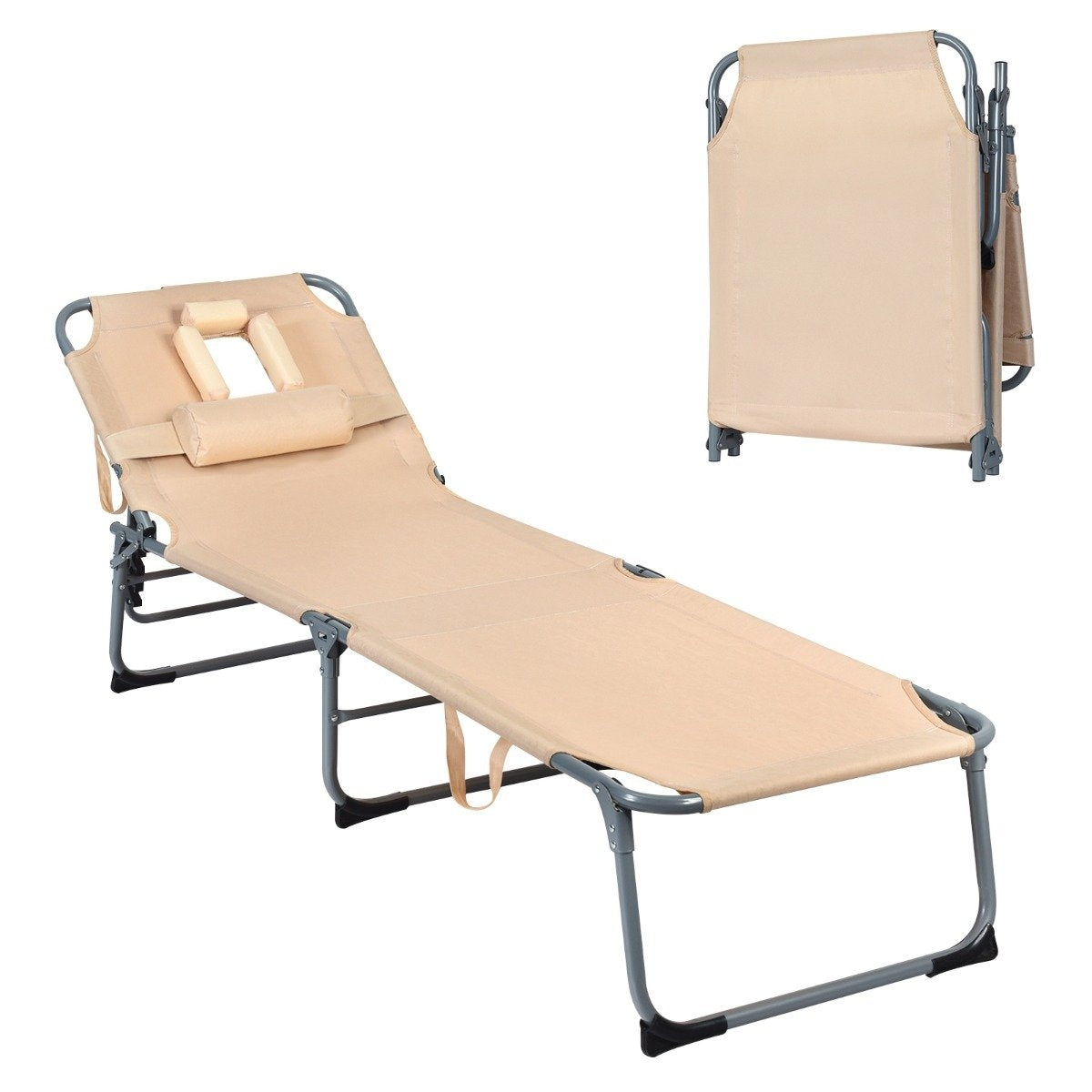 Adjustable sun lounger folding beach lounger with cushion 194 x 61 x 35.5 - 86.5 cm beige