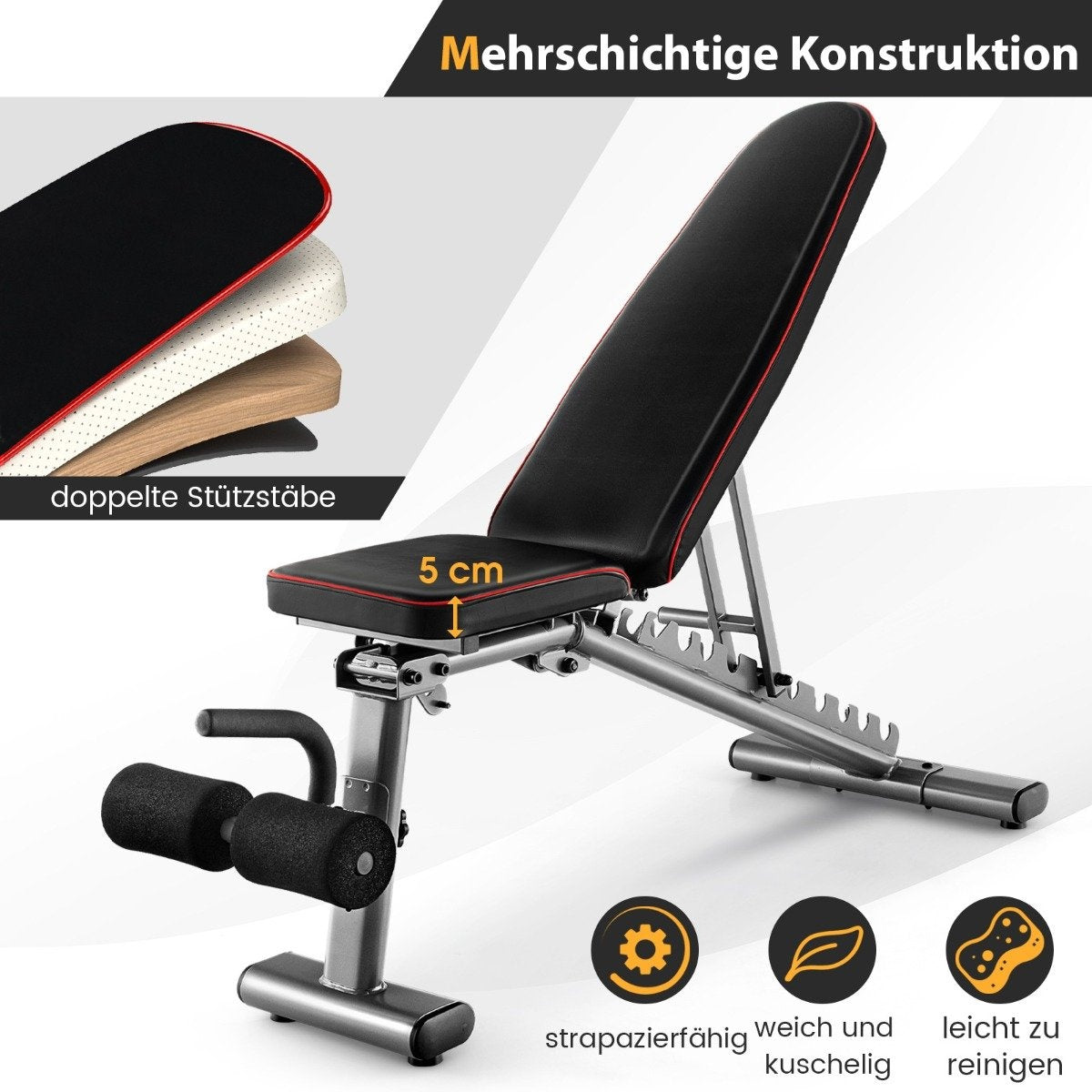 Adjustable weight bench with 2 transport wheels, full body training bench, black