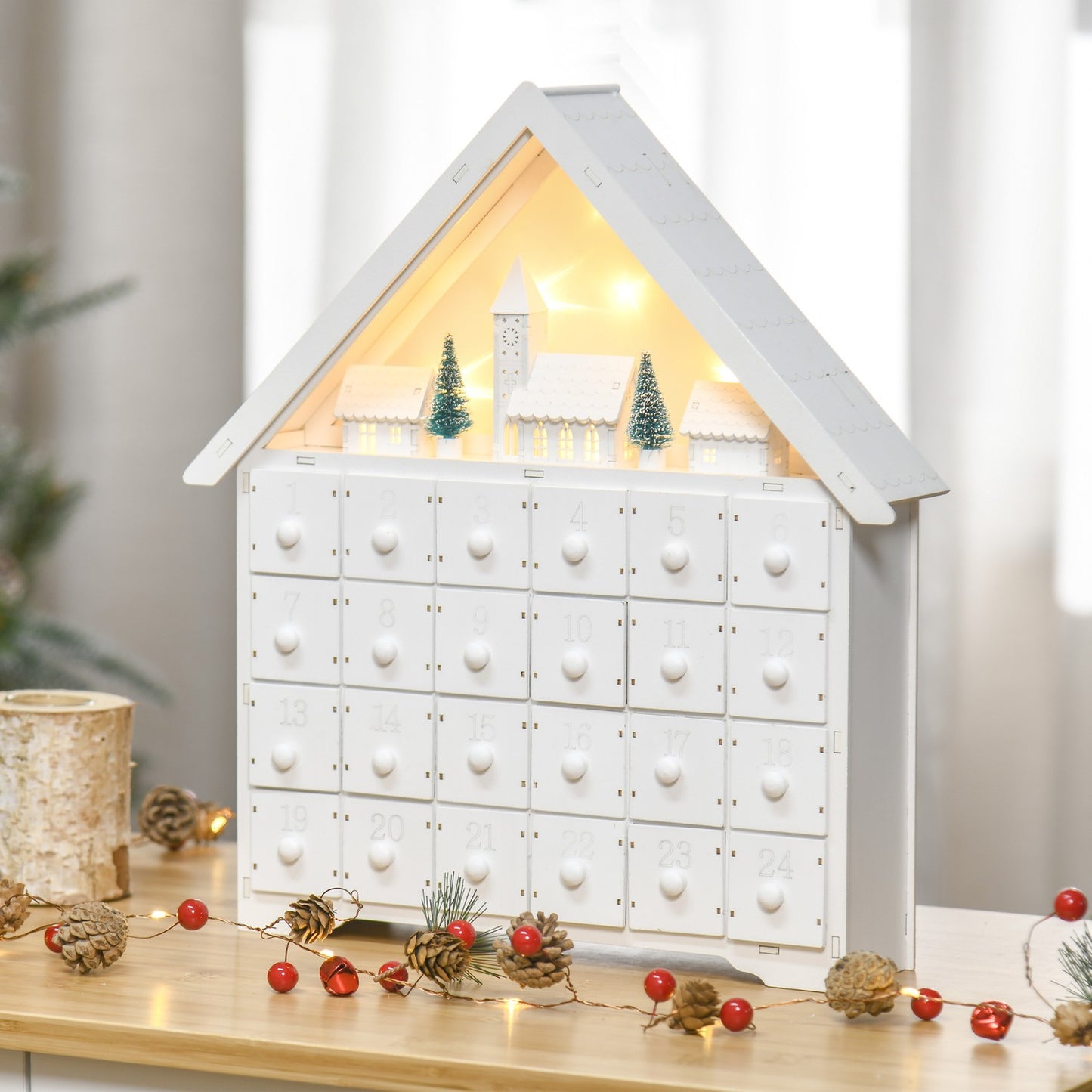 Advent calendar With LED, 24 refillable compartments, White