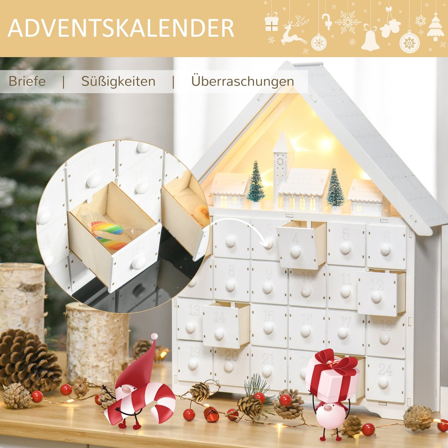 Advent calendar With LED, 24 refillable compartments, White