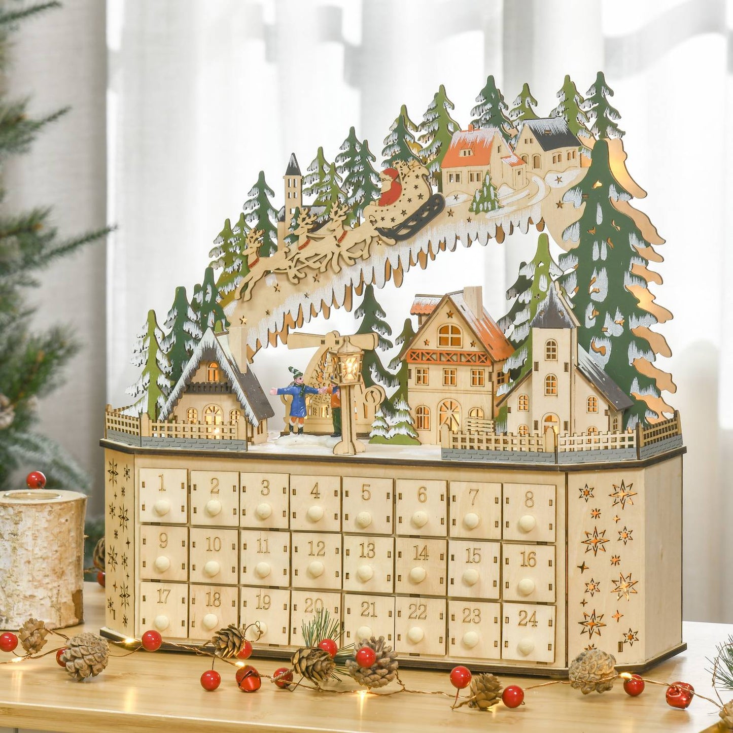 Advent calendar with LED light, 24 fillable boxes, 45x13x43 cm