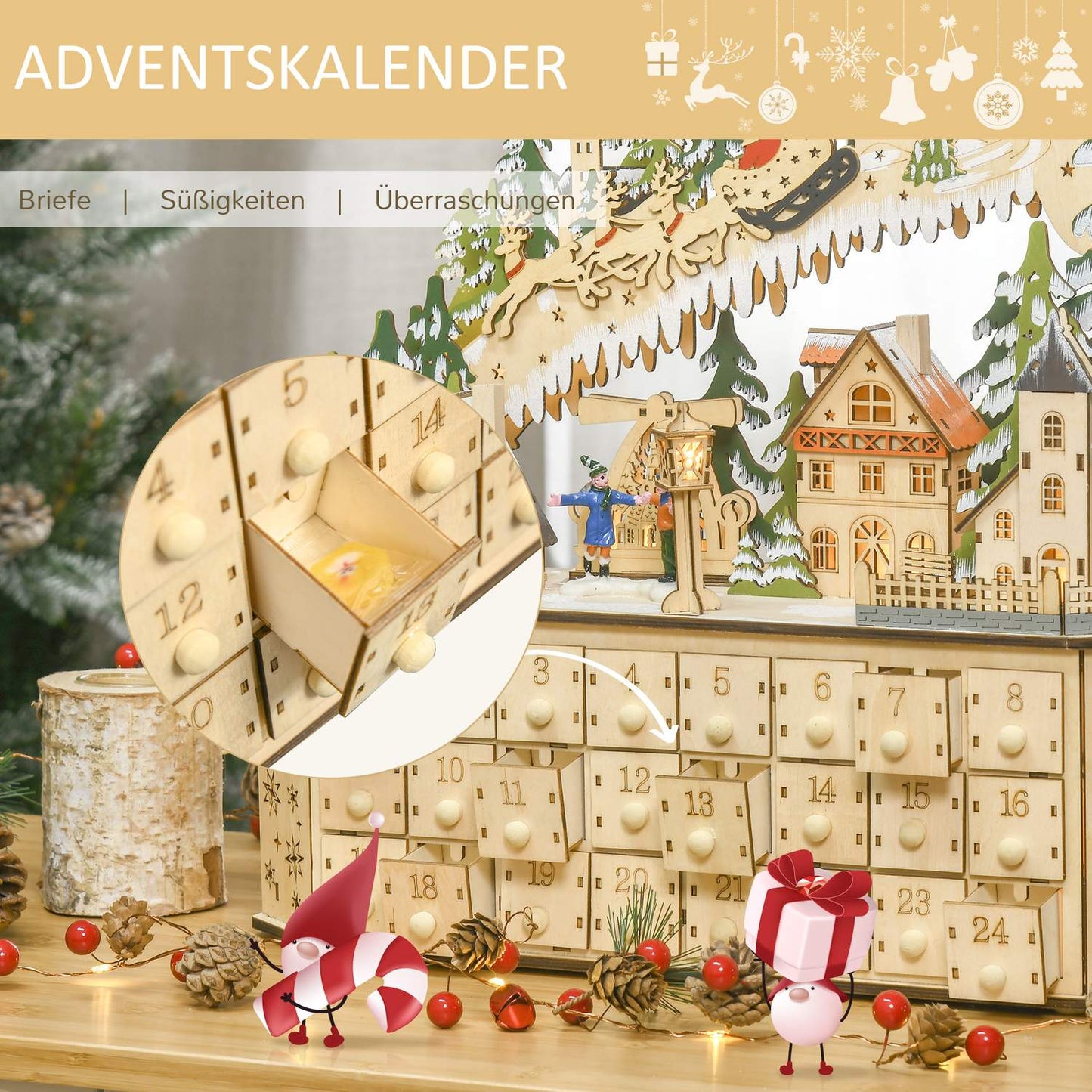 Advent calendar with LED light, 24 fillable boxes, 45x13x43 cm