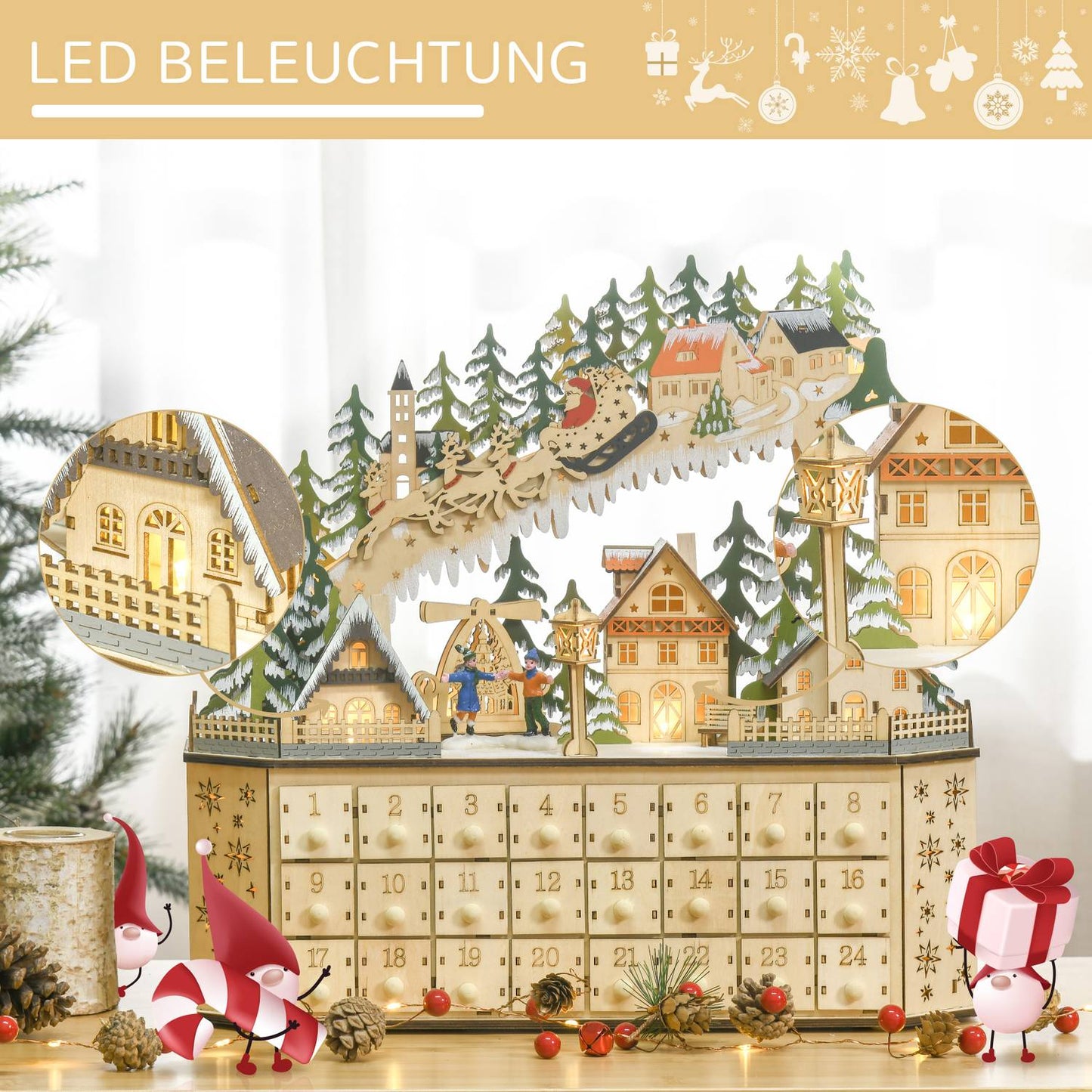 Advent calendar with LED light, 24 fillable boxes, 45x13x43 cm