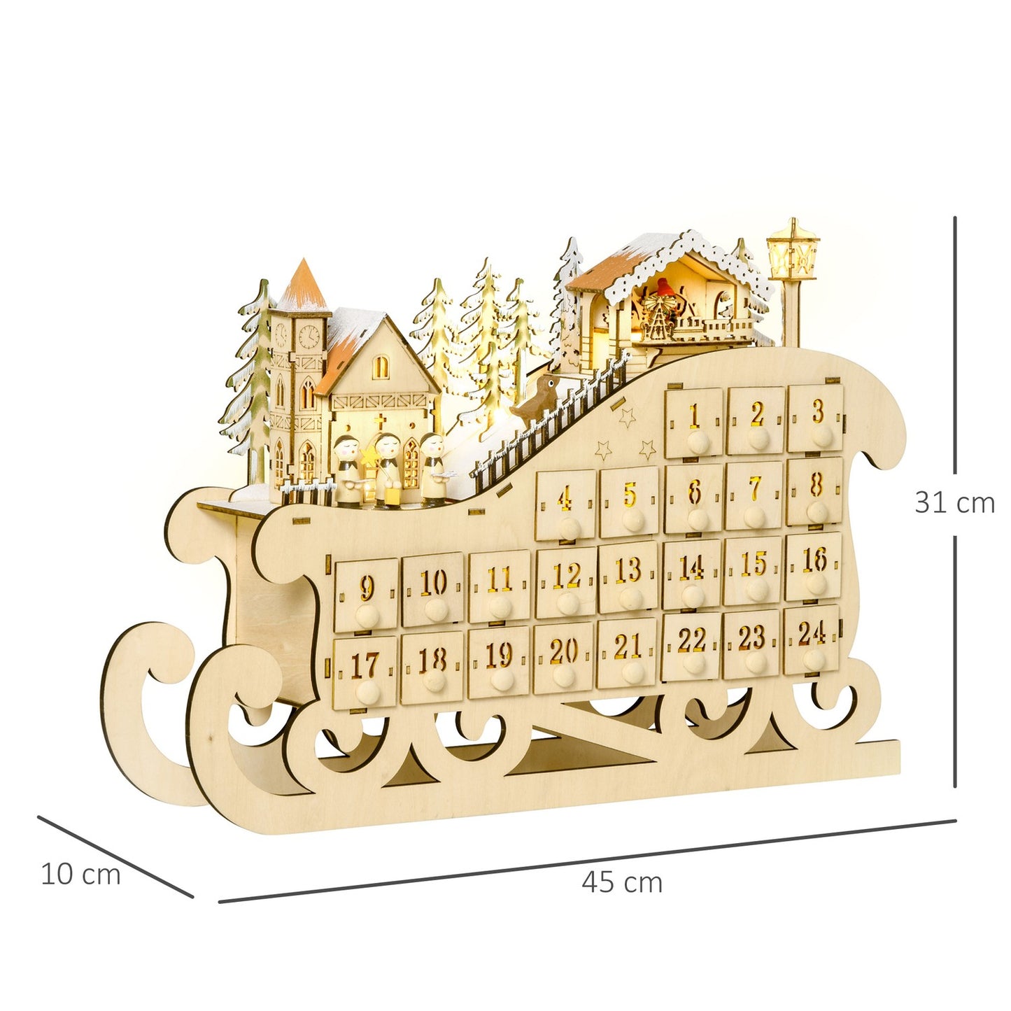 Advent calendar with 24 LED-illuminated boxes, Sled-shaped