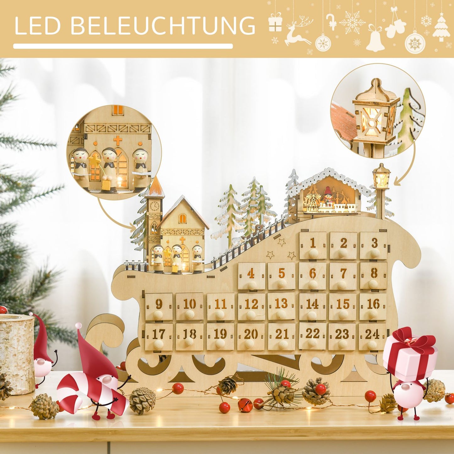 Advent calendar with 24 LED-illuminated boxes, Sled-shaped