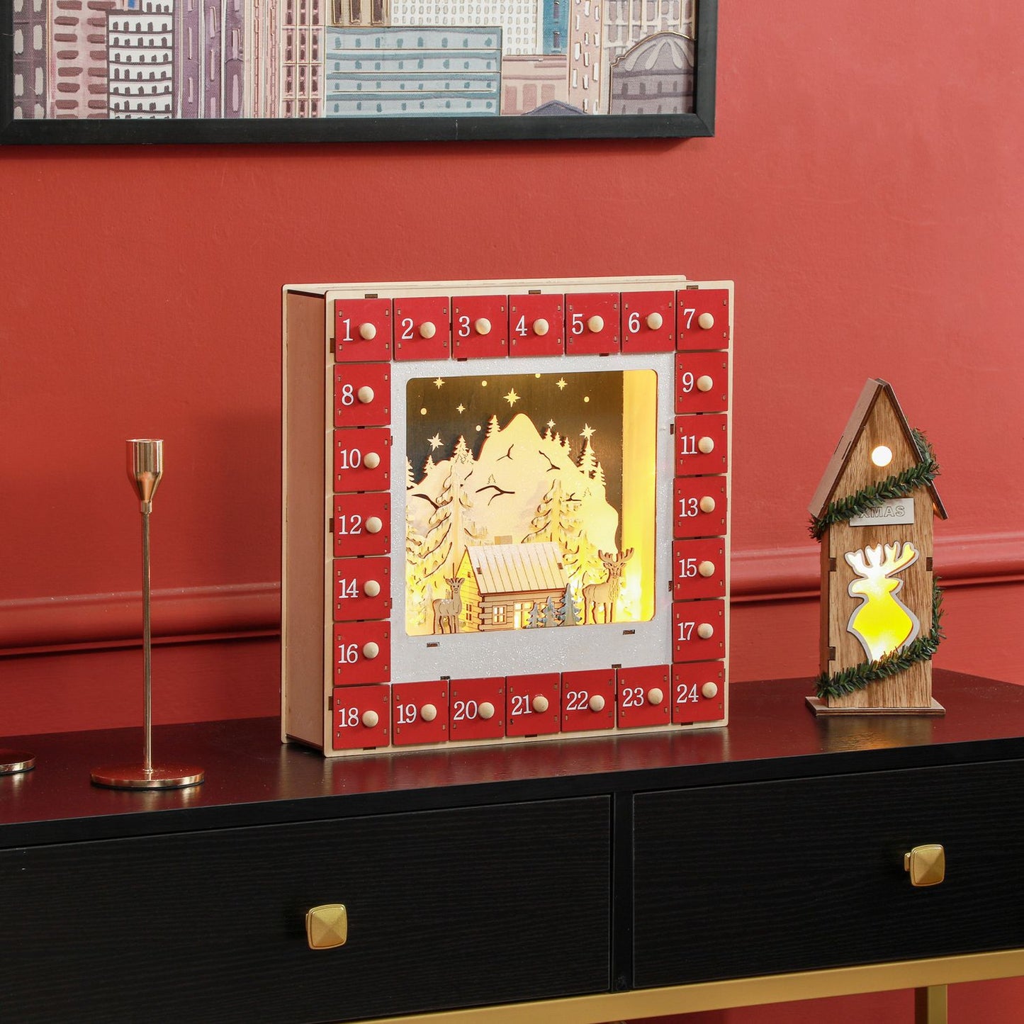 Christmas advent calendar with LED lights, 24 DIY compartments