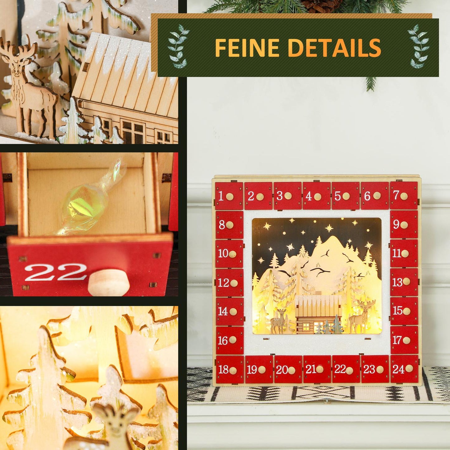 Christmas advent calendar with LED lights, 24 DIY compartments
