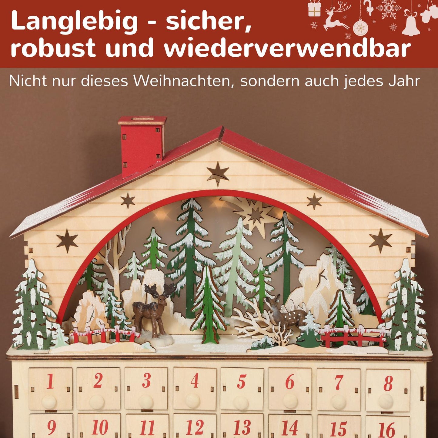 Advent Calendar with 24 Drawers, LED Lights, Wood, 36x10x34 cm